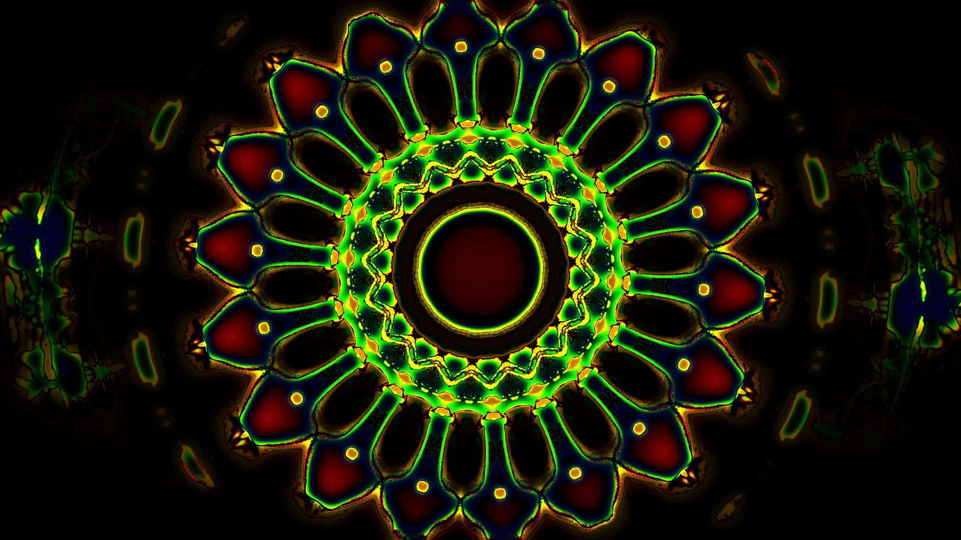 black background, radiant green, red mandala, Full HD Desktop Wallpaper