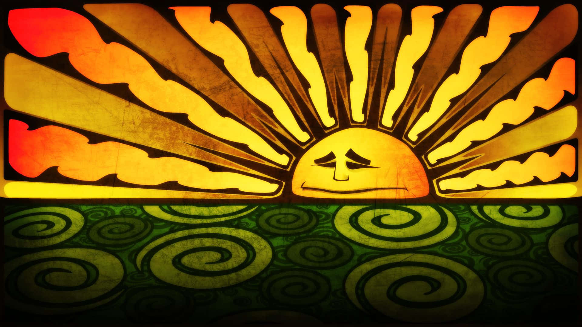 Trippy Sun Desktop, sun with a sad face, warm rays, Full HD Desktop Wallpaper