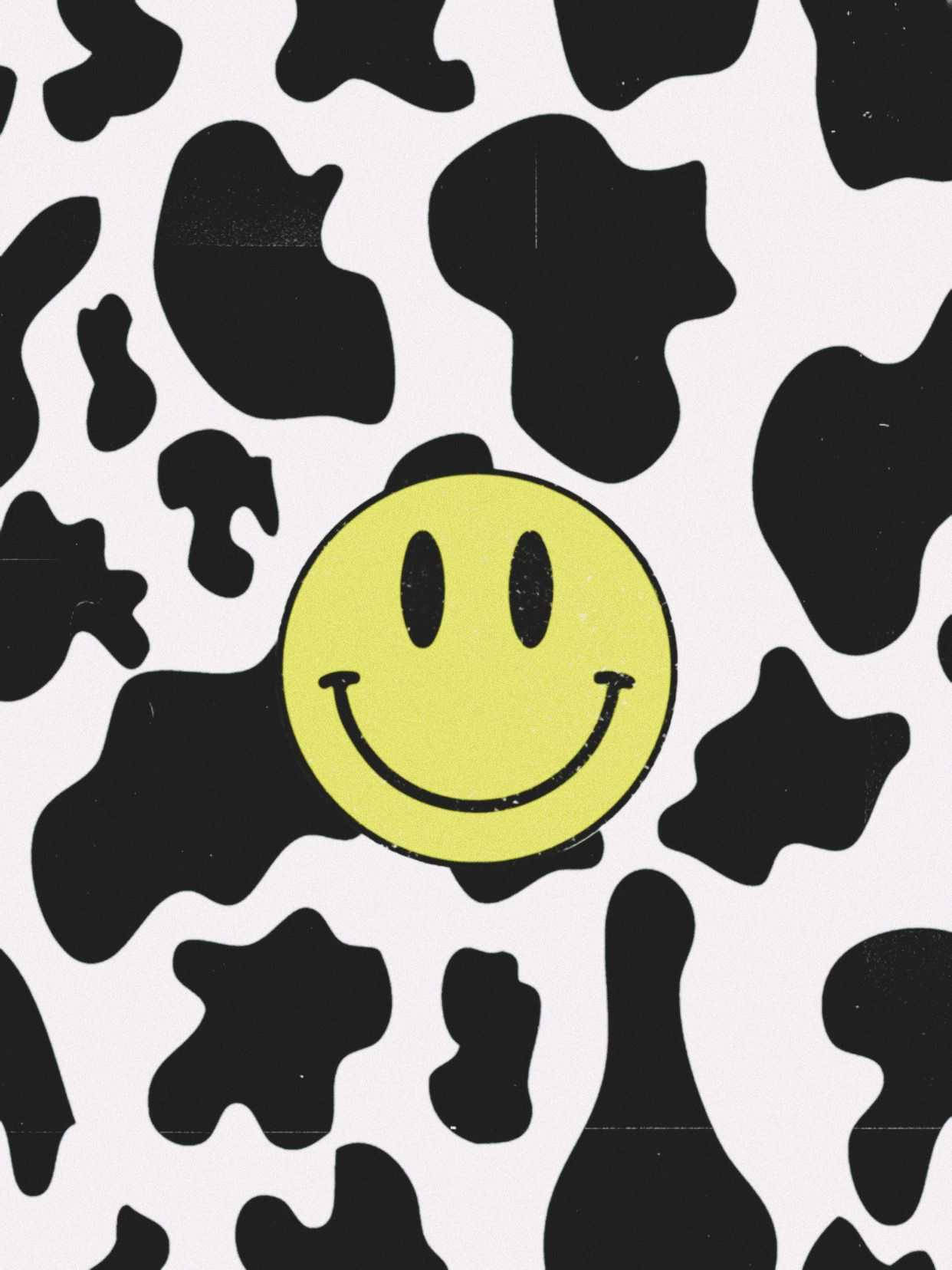 Trippy Face, cow print, bright yellow smiley face, HD Phone Wallpaper