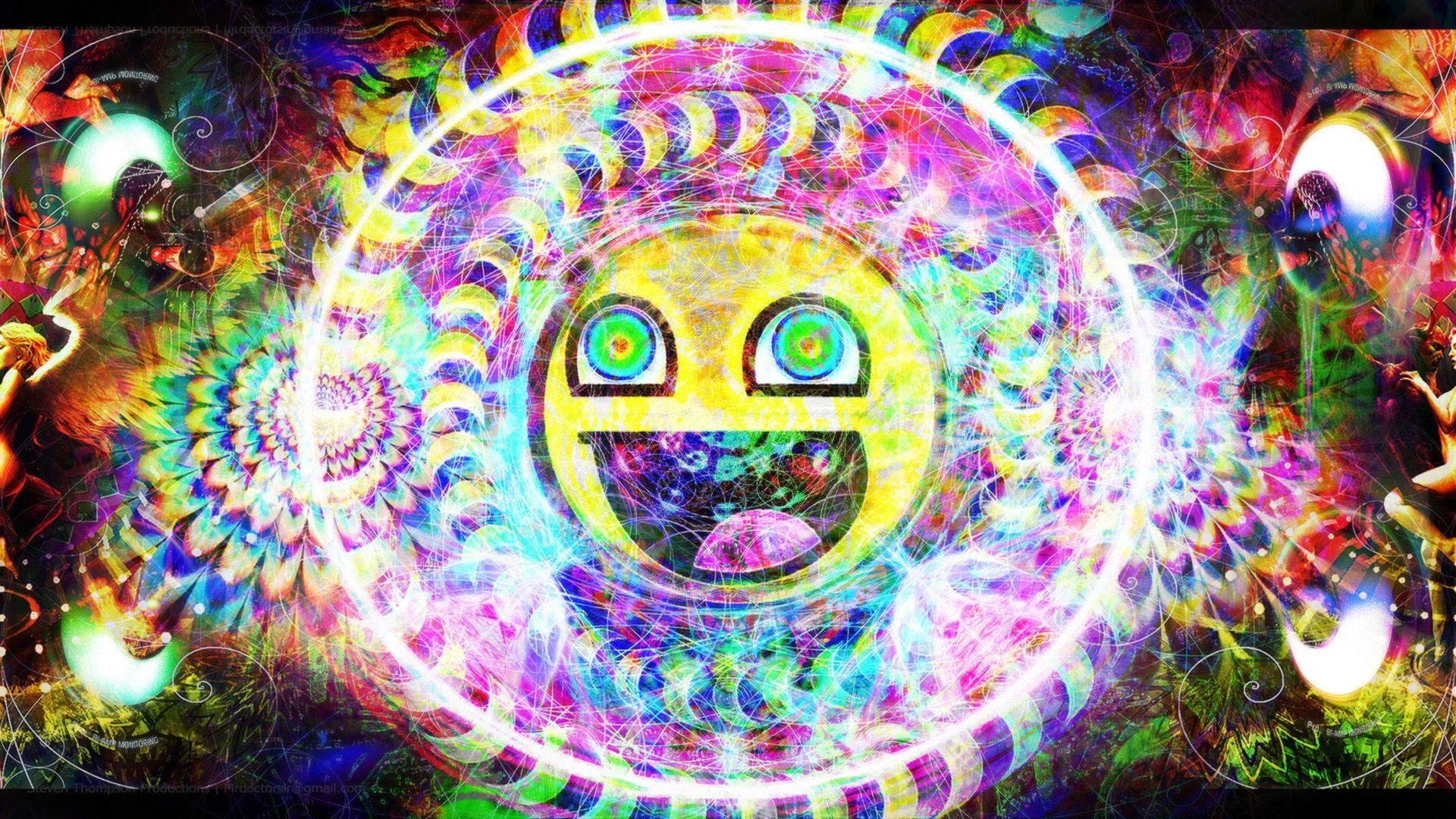 Trippy Face, glowing yellow smiley face, kaleidoscopic fractal patterns, Full HD Desktop Wallpaper