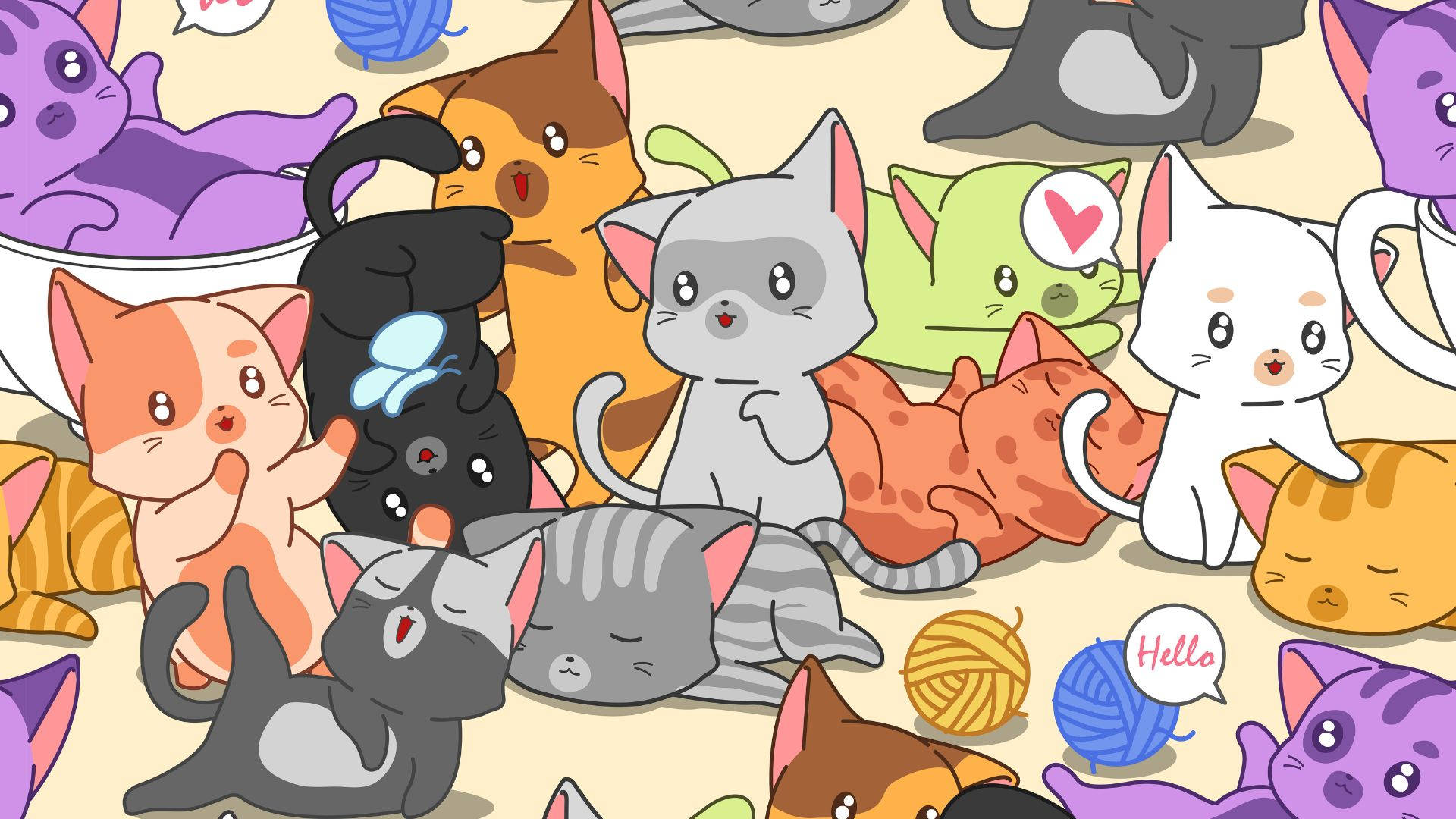 Trippy Cartoon Kittens Yarns, cartoon illustration, colorful cats, Full HD Desktop Wallpaper
