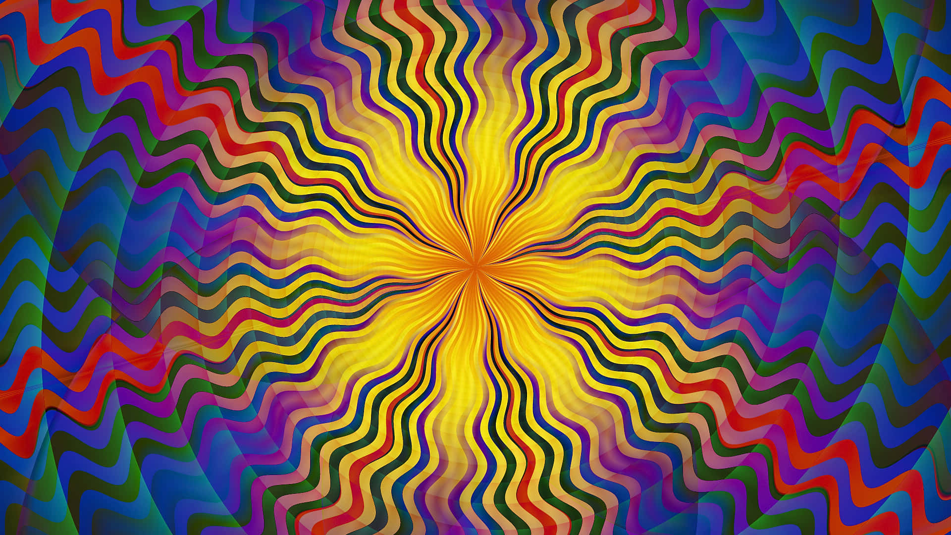 Trippy Fractals, vibrant psychedelic waves, bright yellow center, Full HD Desktop Wallpaper