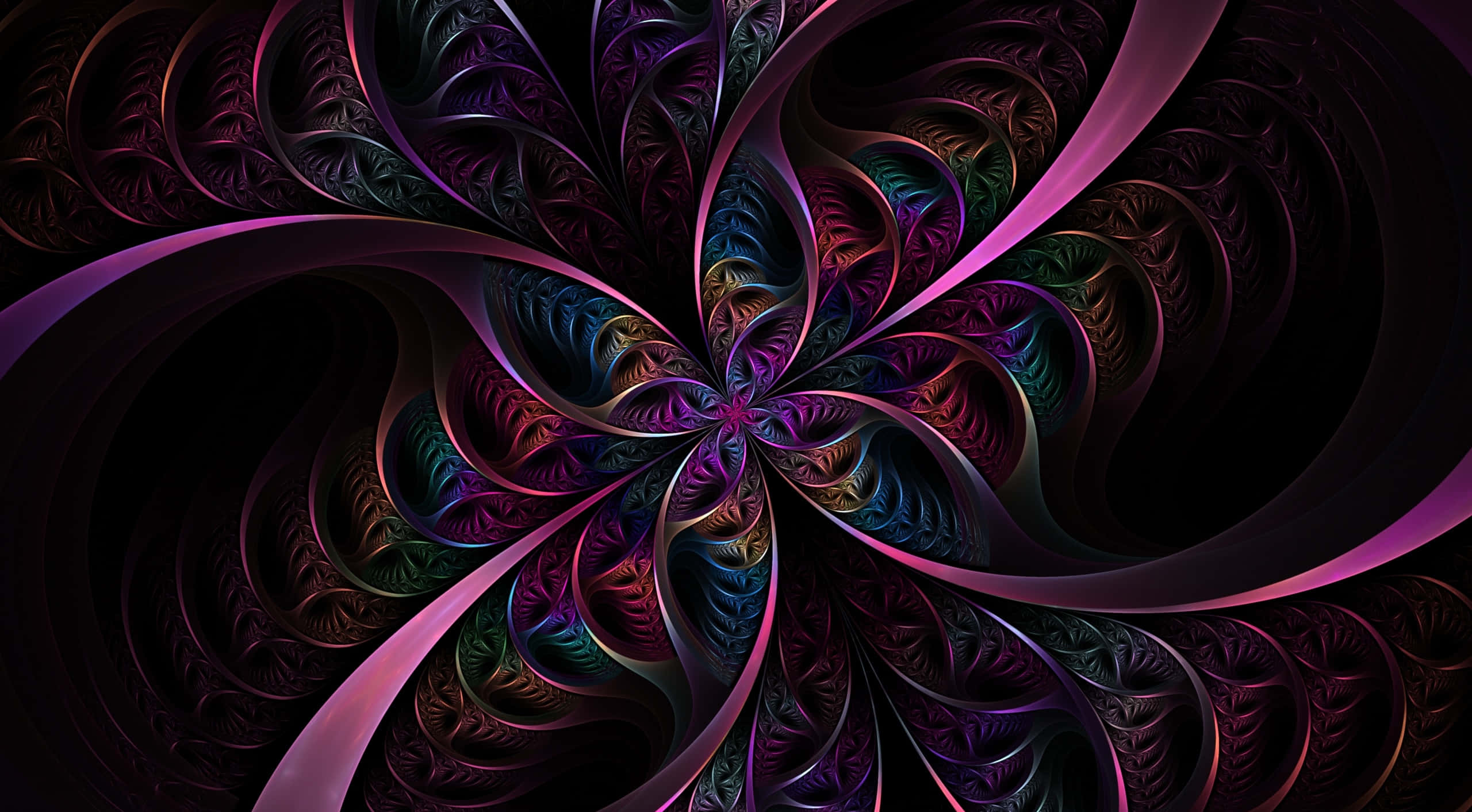 Trippy Fractals, hypnotic mandala fractal patterns, vibrant purples blues and greens, 2K Desktop Wallpaper