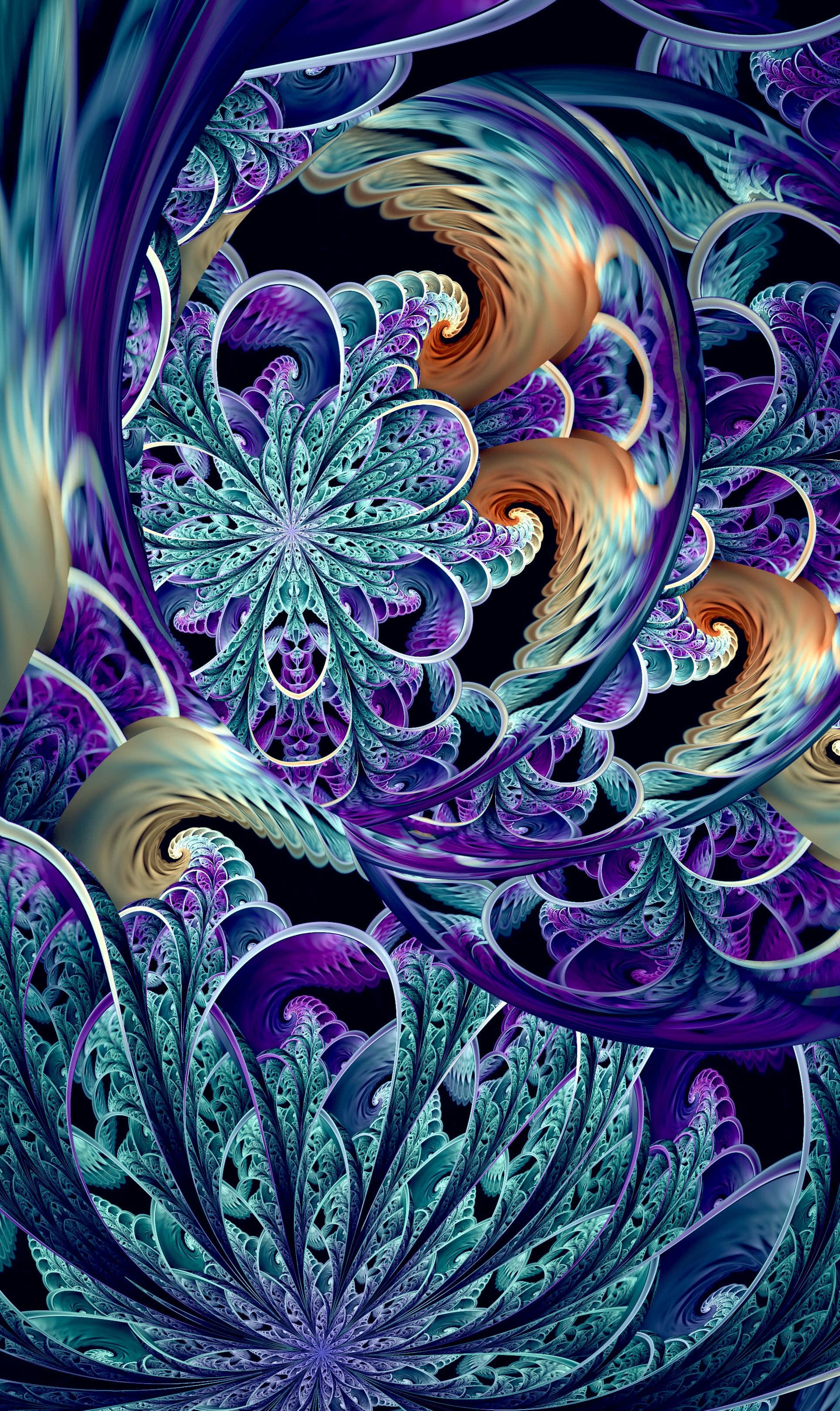 Trippy Fractals, multicolored trippy fractal art, deep purples teals and golds, 2K Phone Wallpaper