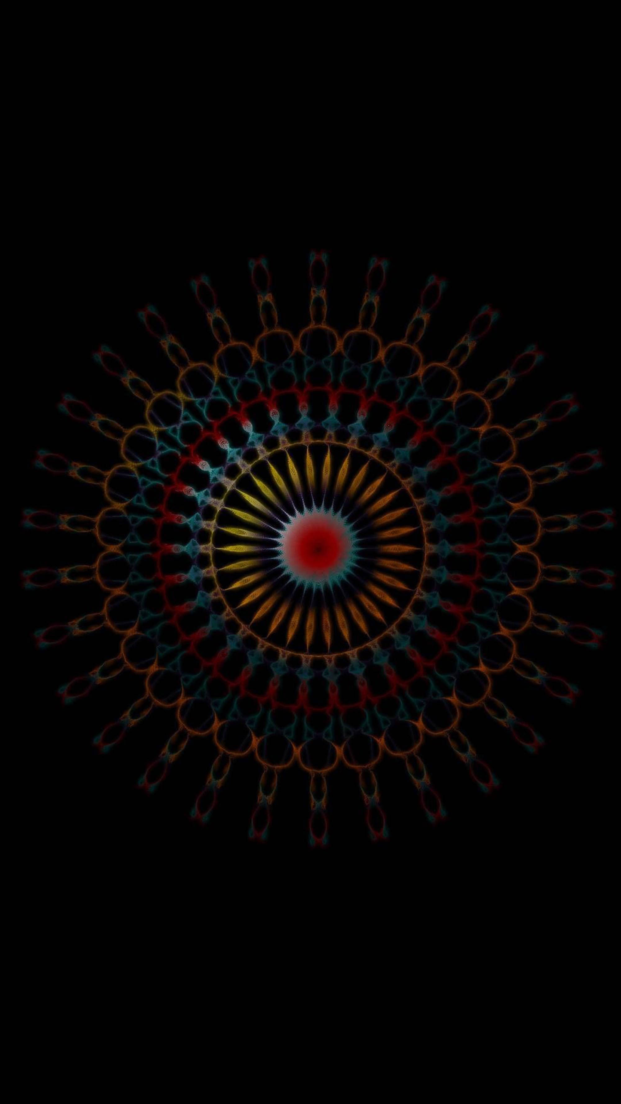 trippy dark aesthetic circular fractal, radiant geometric mandala, concentric rings of orange blue and yellow, 2K Phone Wallpaper
