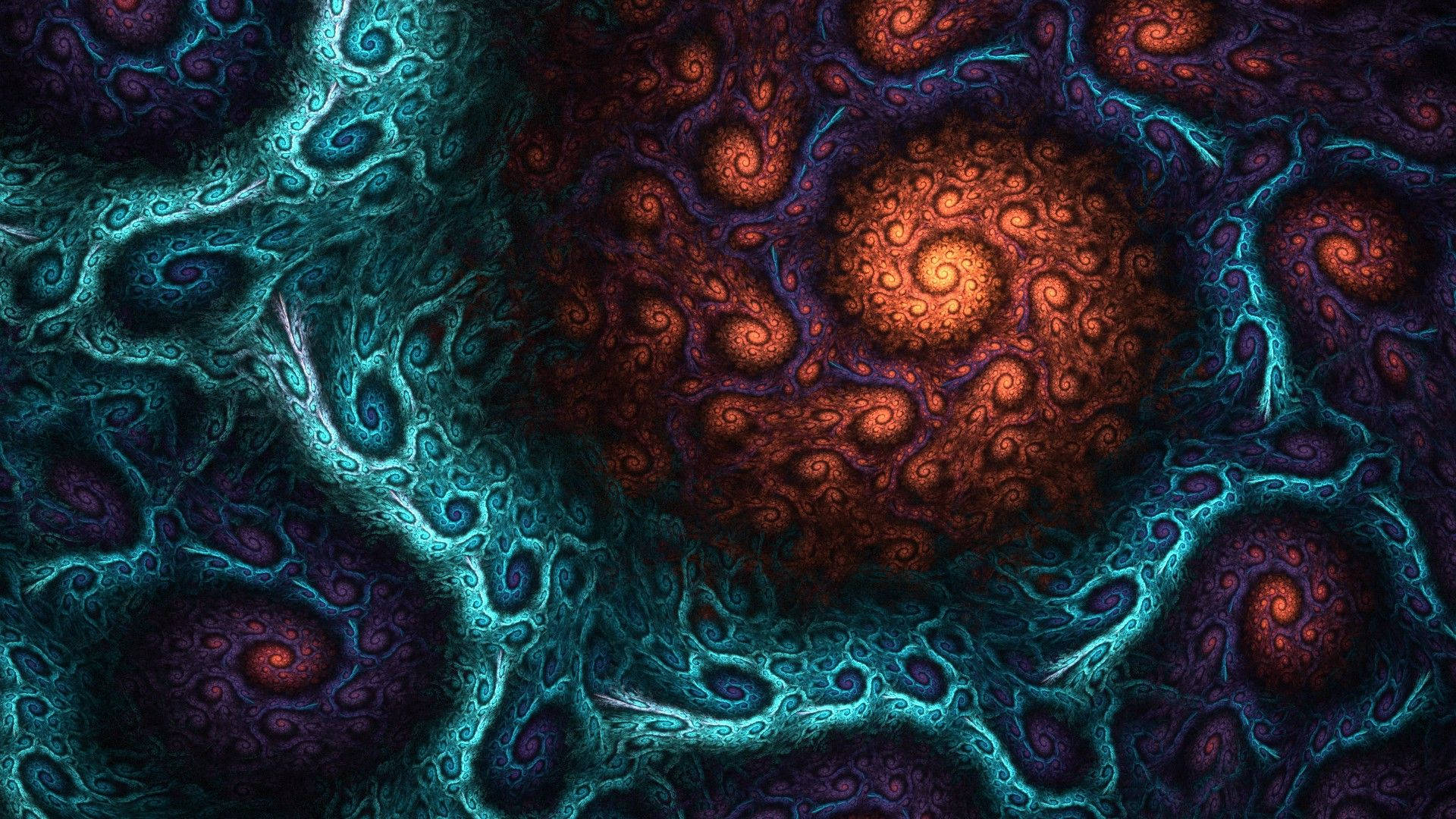 asymmetrical swirling fractal design, teal, orange, Full HD Desktop Wallpaper
