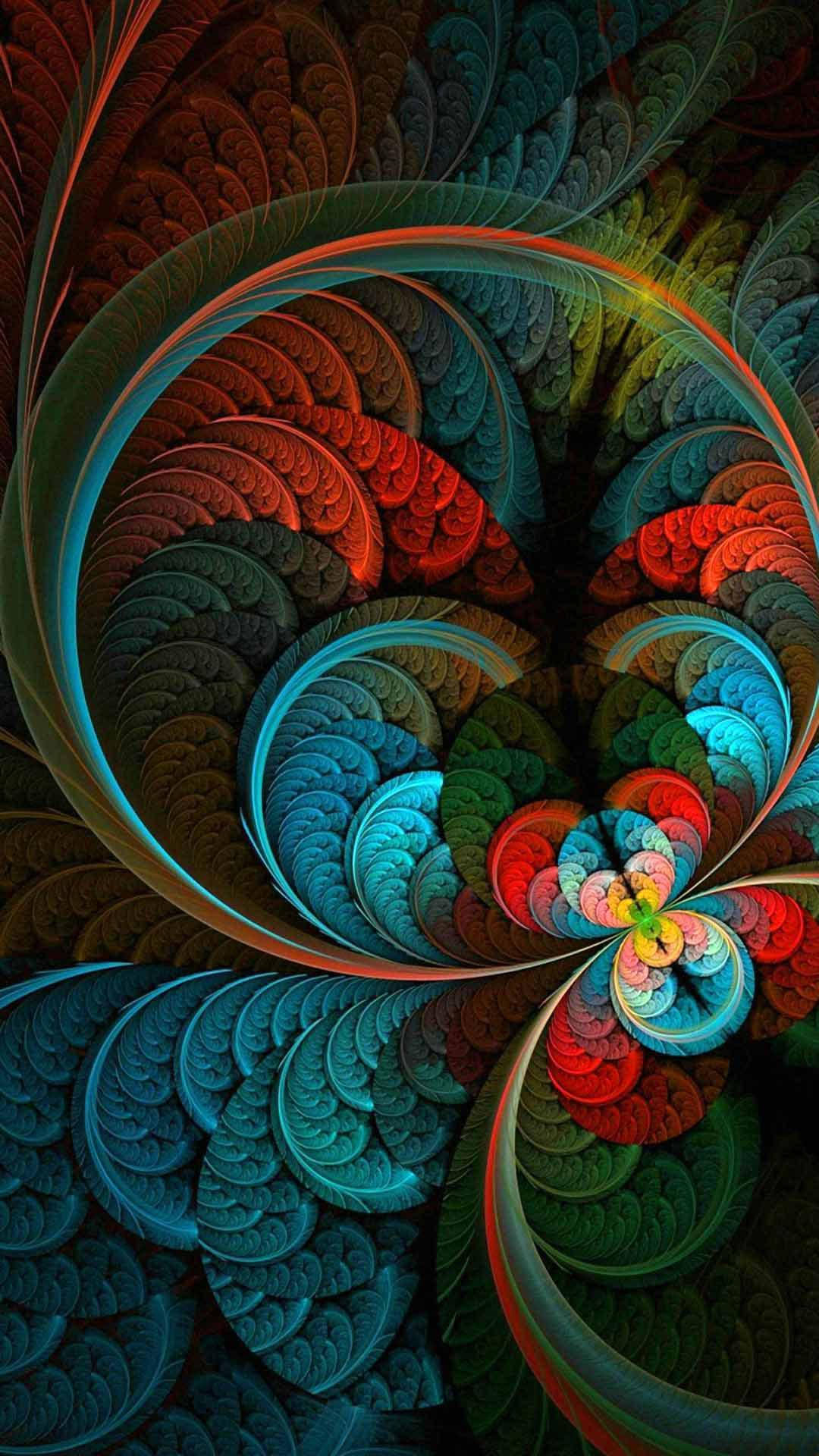 looped feather fractal design, red teal and gold, fractal spirals, Full HD Phone Wallpaper