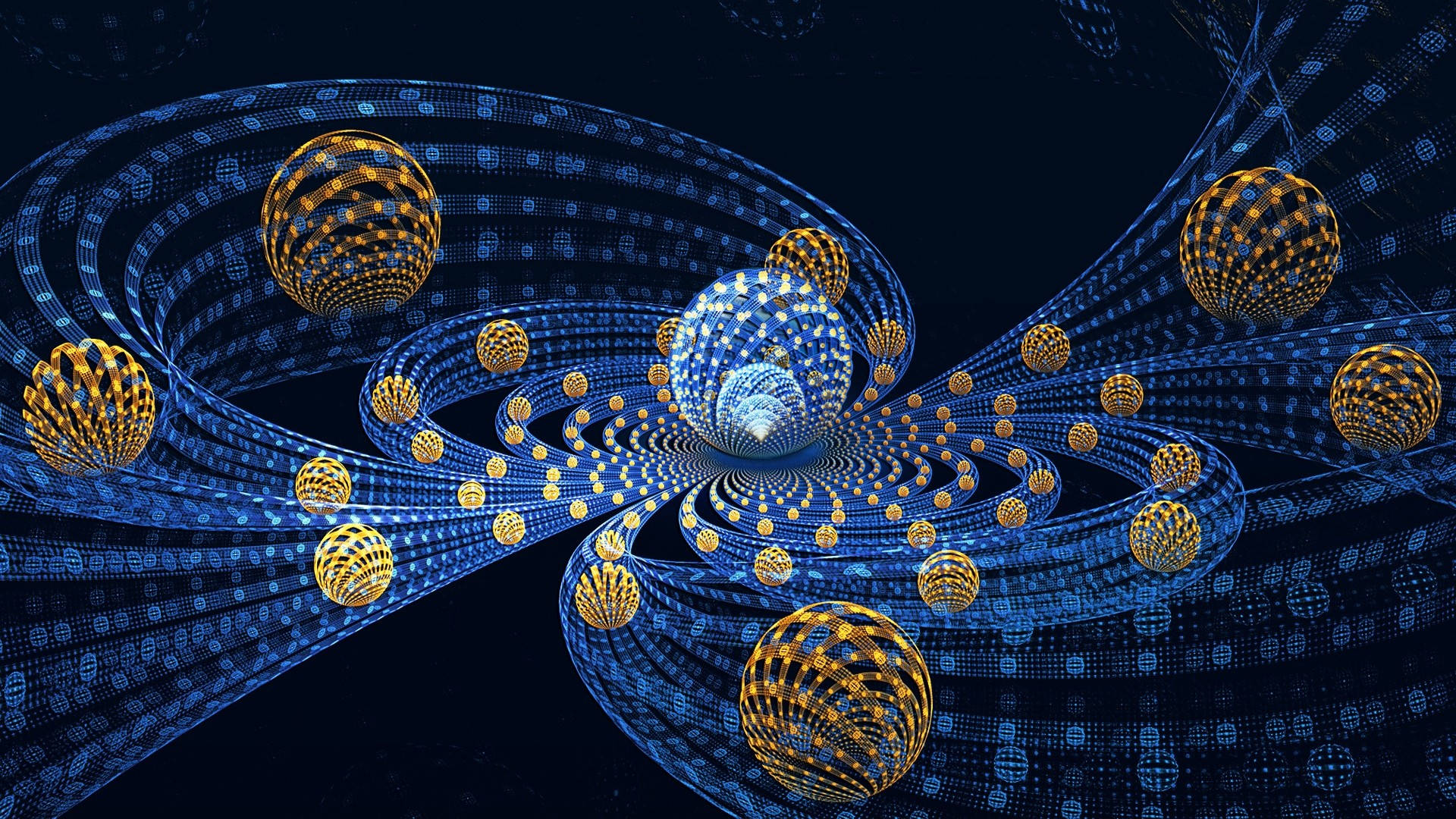 golden spheres, intricate blue data streams, dark digital void, Full HD Desktop Wallpaper