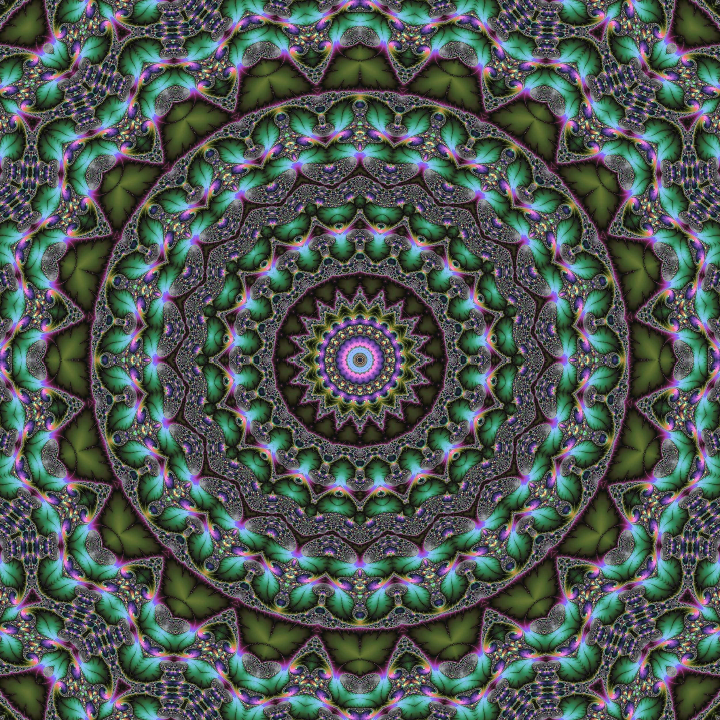 Trippy Fractals, fractal mandala, green and purple patterns, Full HD Desktop Wallpaper