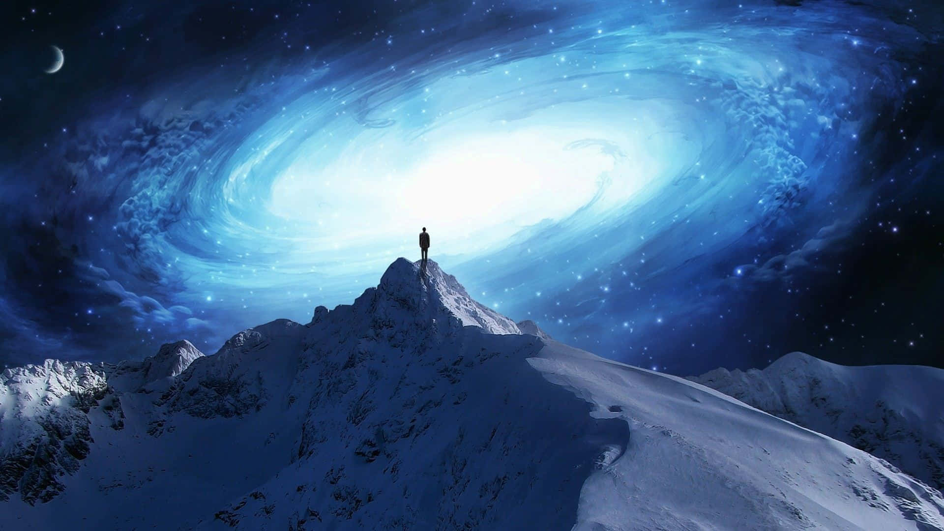 Trippy Galaxy, swirling blue galaxy, crescent moon, Full HD Desktop Wallpaper