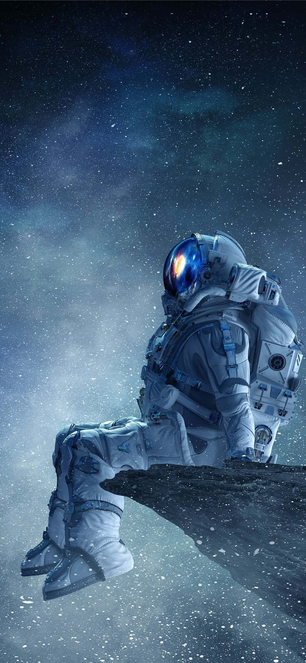 Trippy Galaxy, astronaut, rocky outcrop, 2K Phone Wallpaper