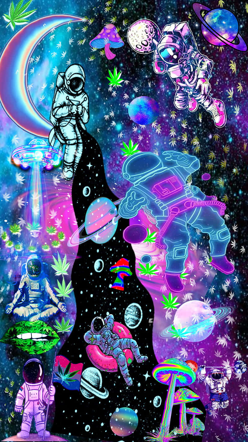 Trippy Galaxy, neon astronauts, glowing planets, HD Phone Wallpaper