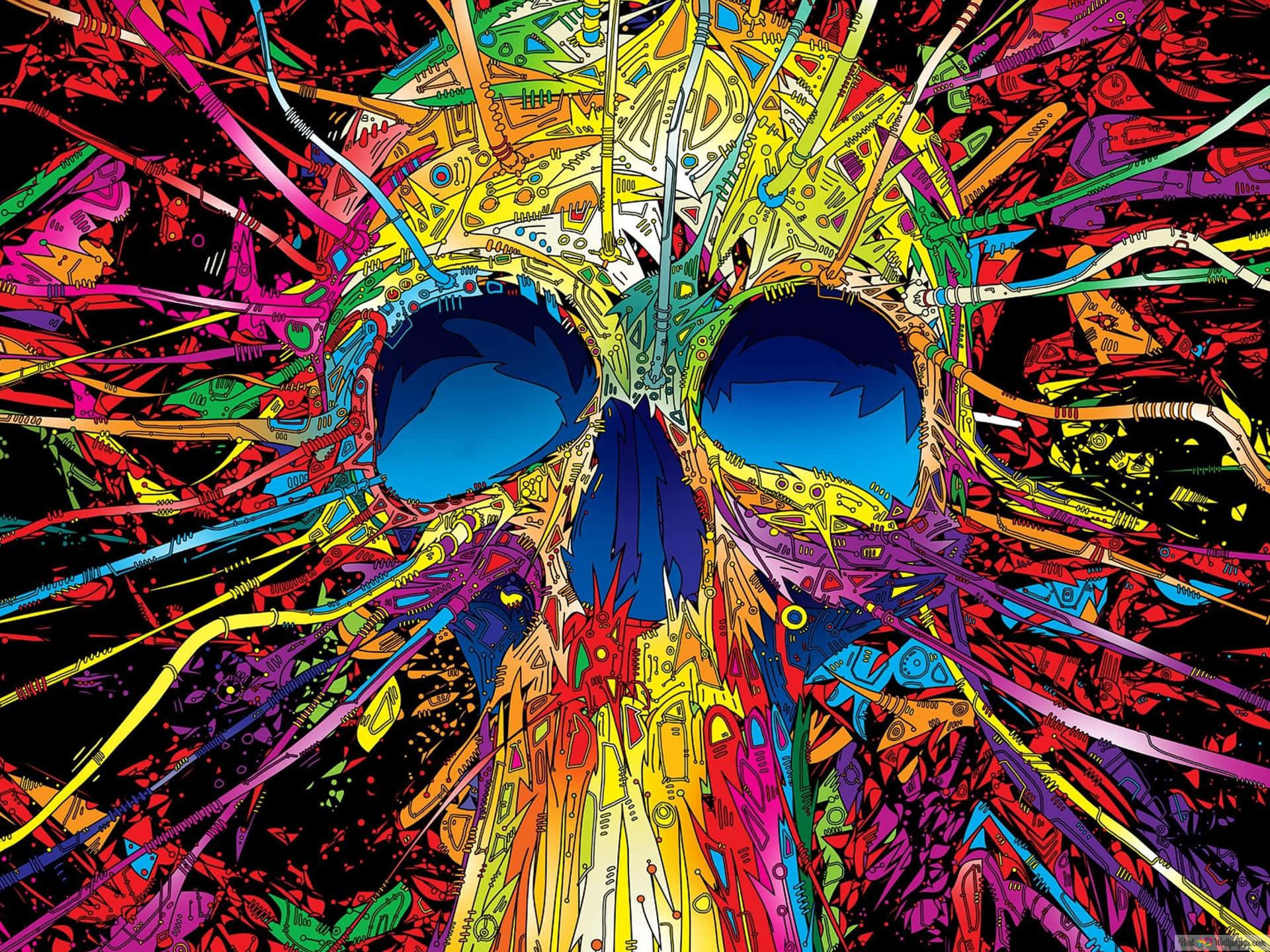 Trippy Galaxy, glowing blue eye sockets, explosive multicolored circuitry patterns, Full HD Desktop Wallpaper