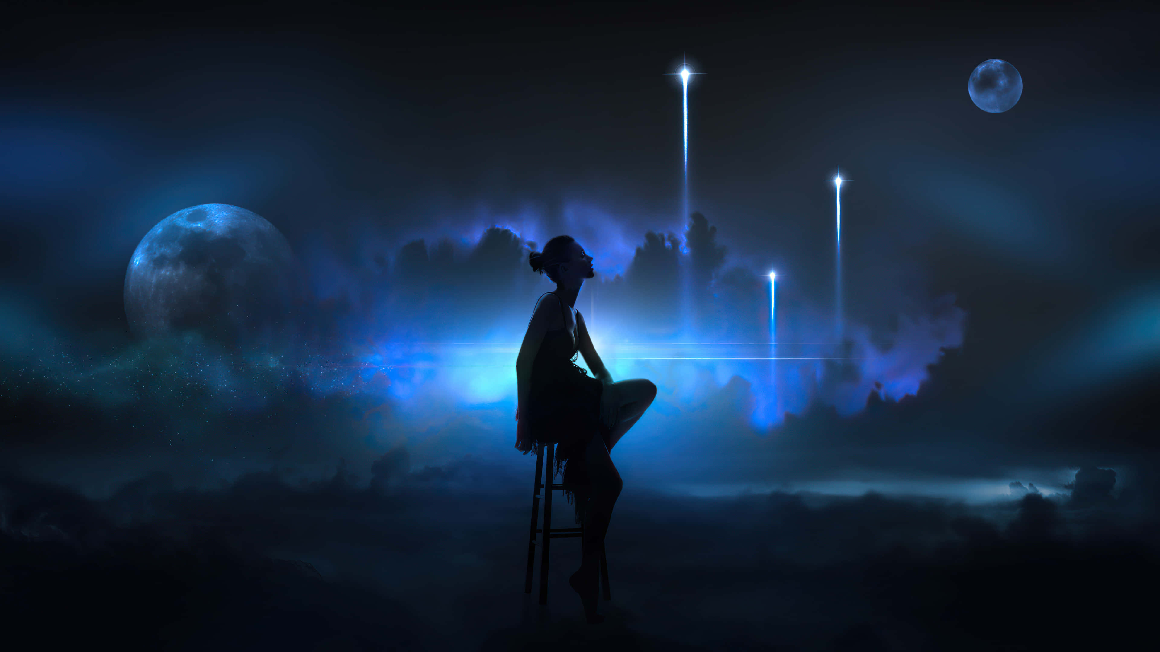 Trippy Galaxy, cosmic night sky, two moons, 4K Desktop Wallpaper