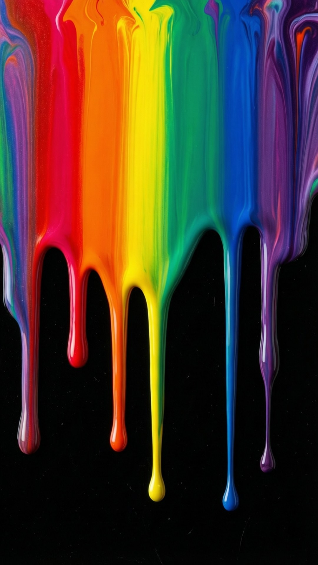 rainbow drip, vibrant liquid rainbow paint, black surface, Full HD Phone Wallpaper