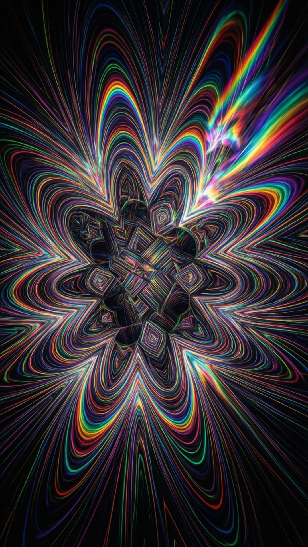 fractal rainbow explosion, vibrant rainbow streaks, central geometric core, Full HD Phone Wallpaper