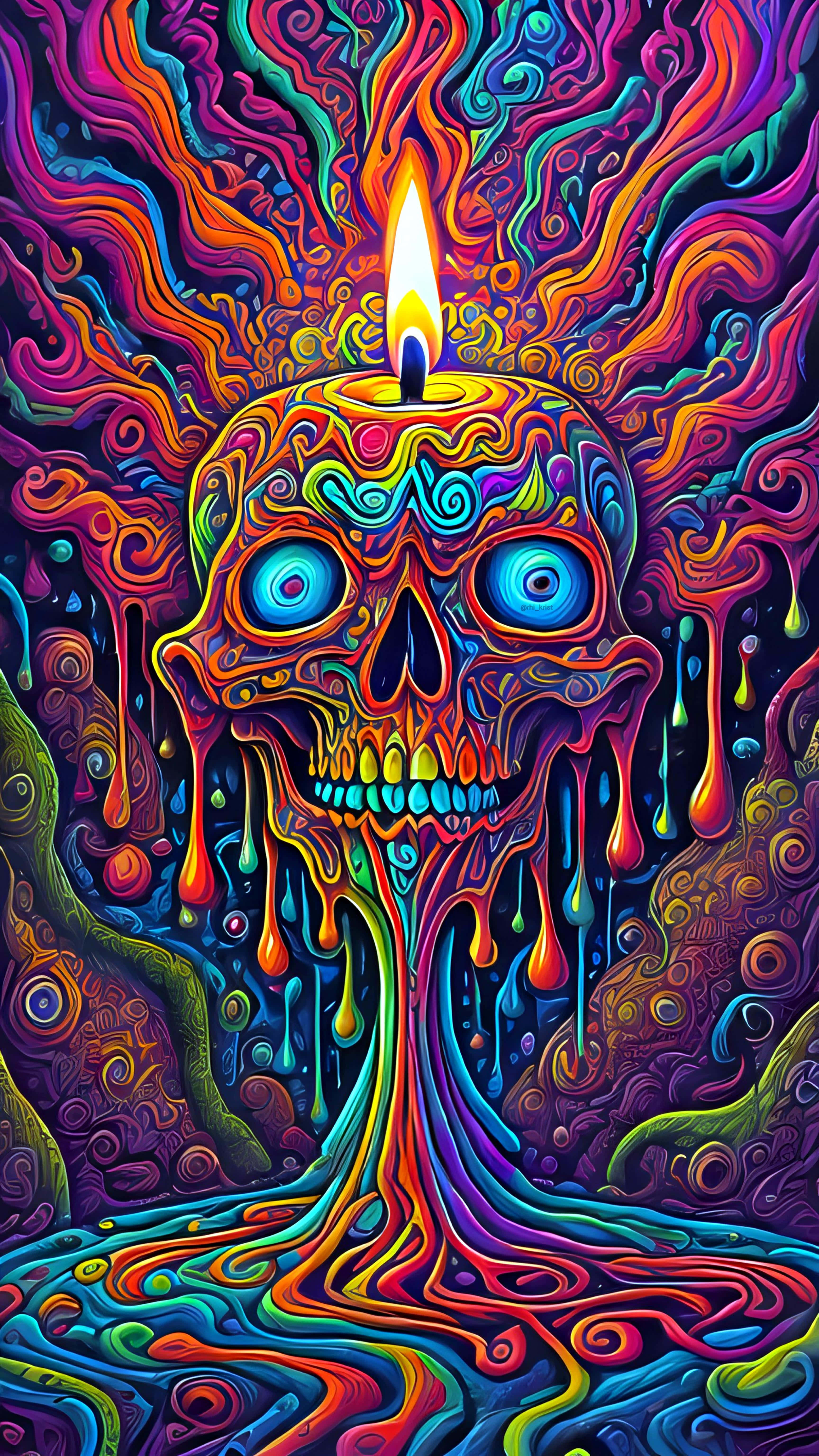 psychedelic skull, glowing blue eyes, lit candle on its forehead, 5K Phone Wallpaper