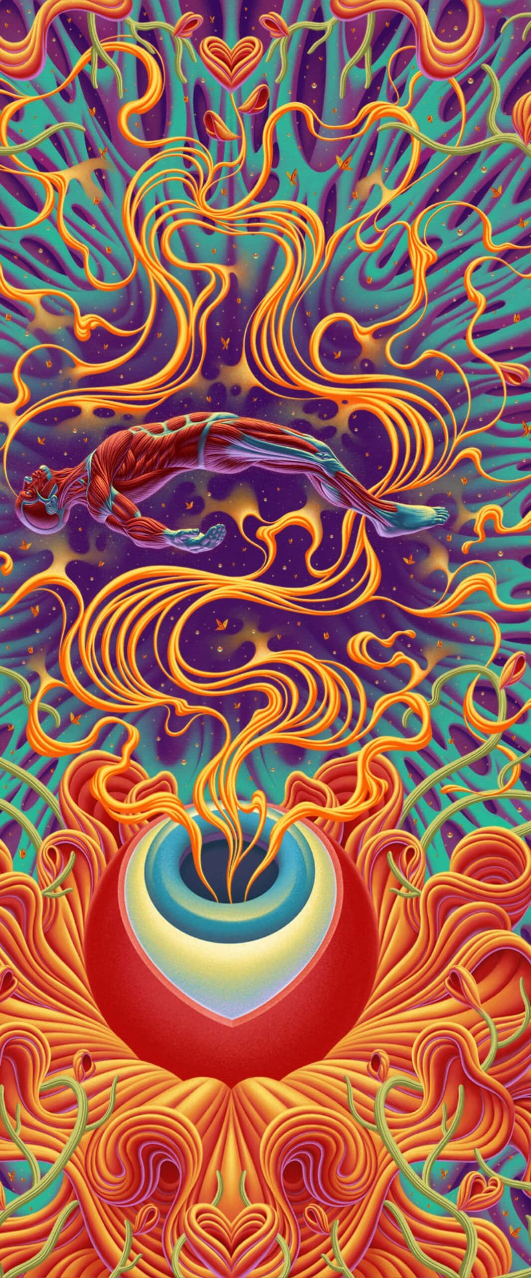 psychedelic swimmer, glowing heart-shaped vortex, swirling psychedelic patterns, 2K Phone Wallpaper