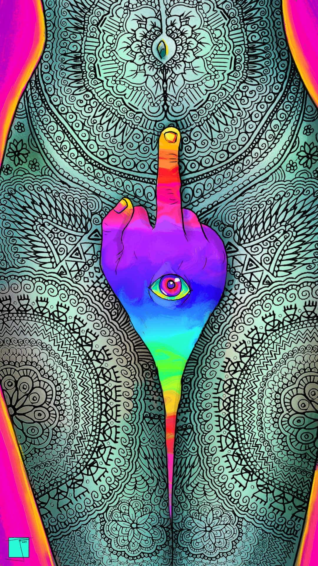 psychedelic eye hand mandala art, rainbow hand, eye on middle finger, Full HD Phone Wallpaper