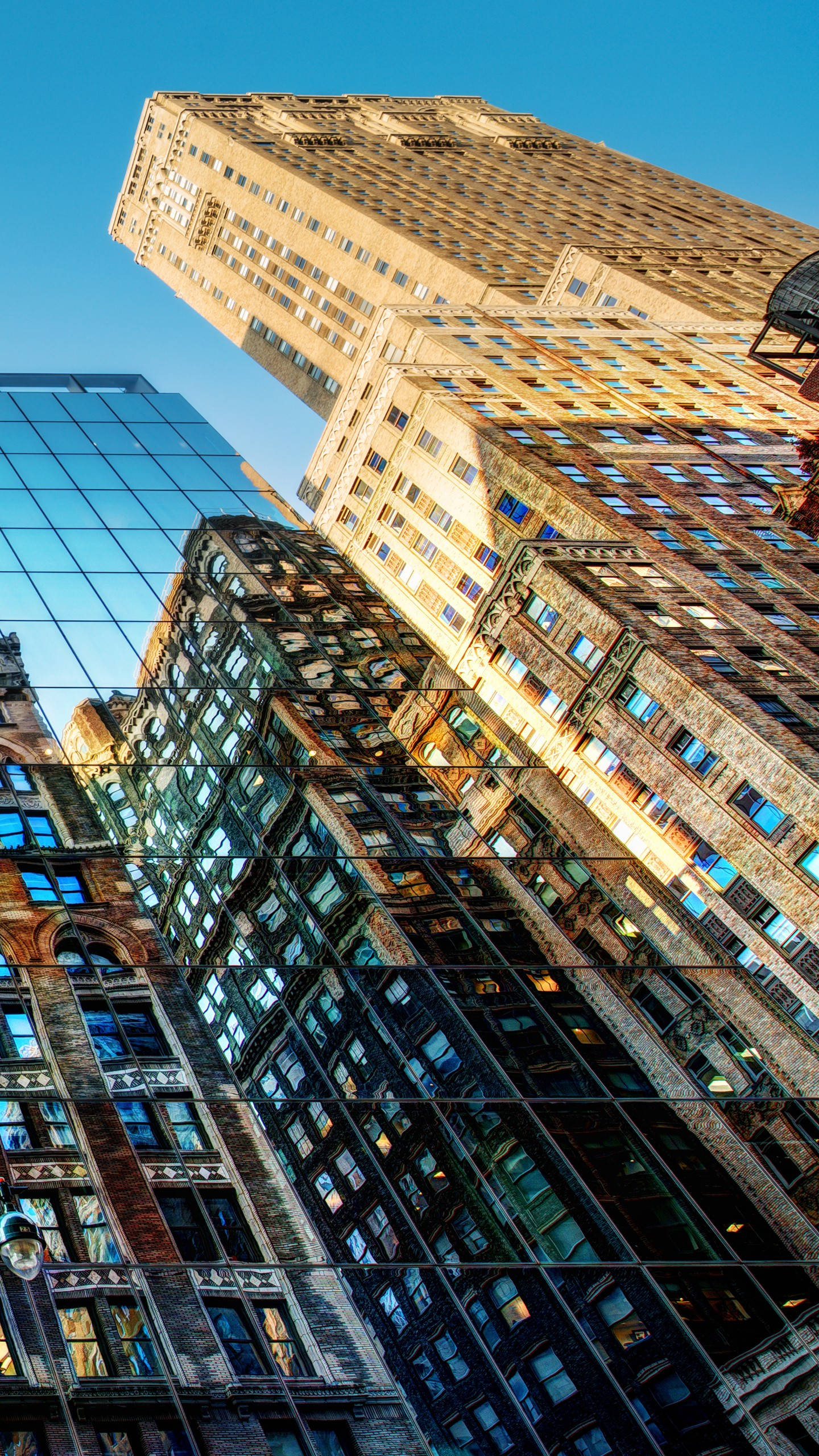 iPhone, skyscrapers, clear blue sky, 2K Phone Wallpaper
