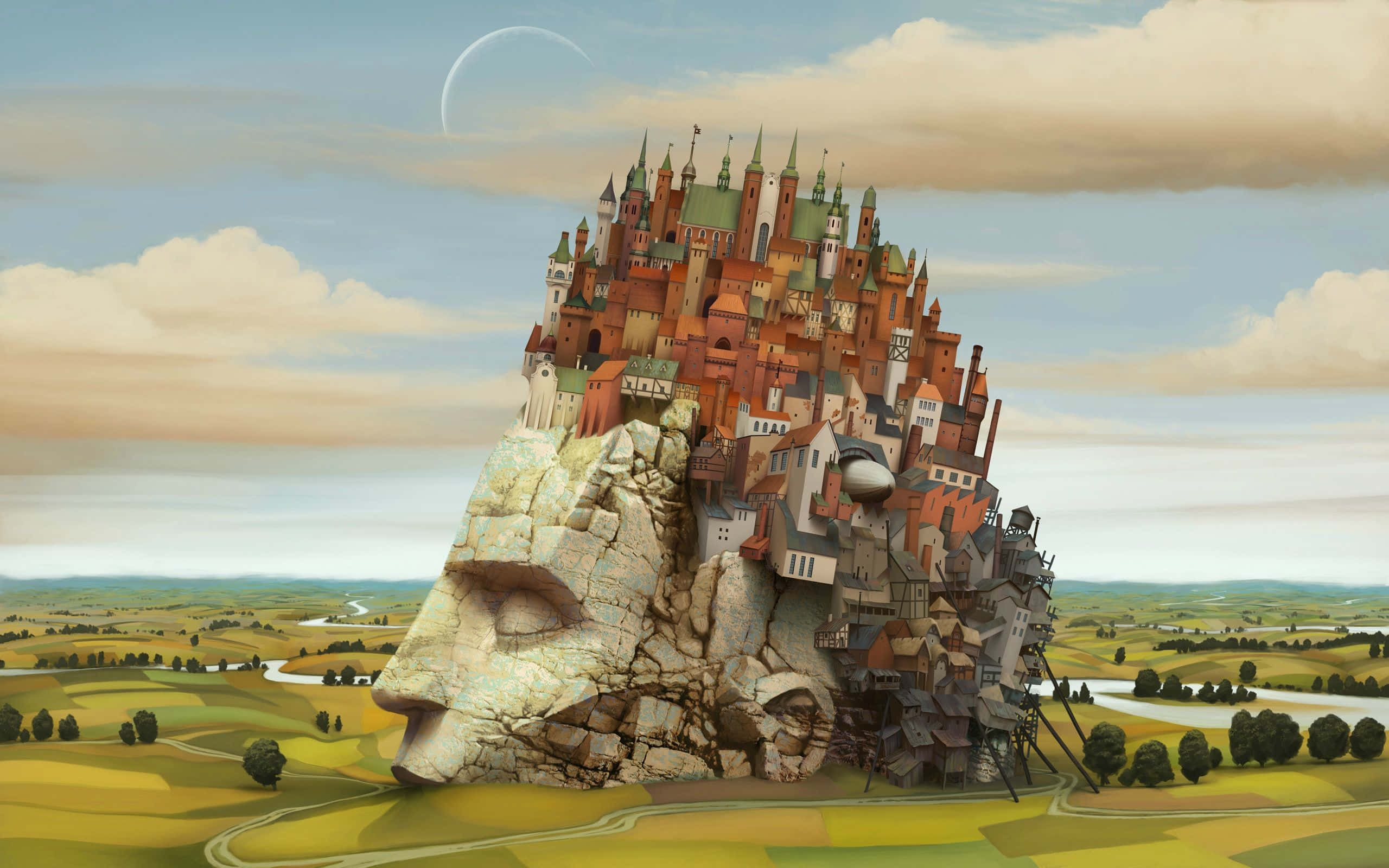 Trippy Nature, castle, giant stone face, 2K Desktop Wallpaper