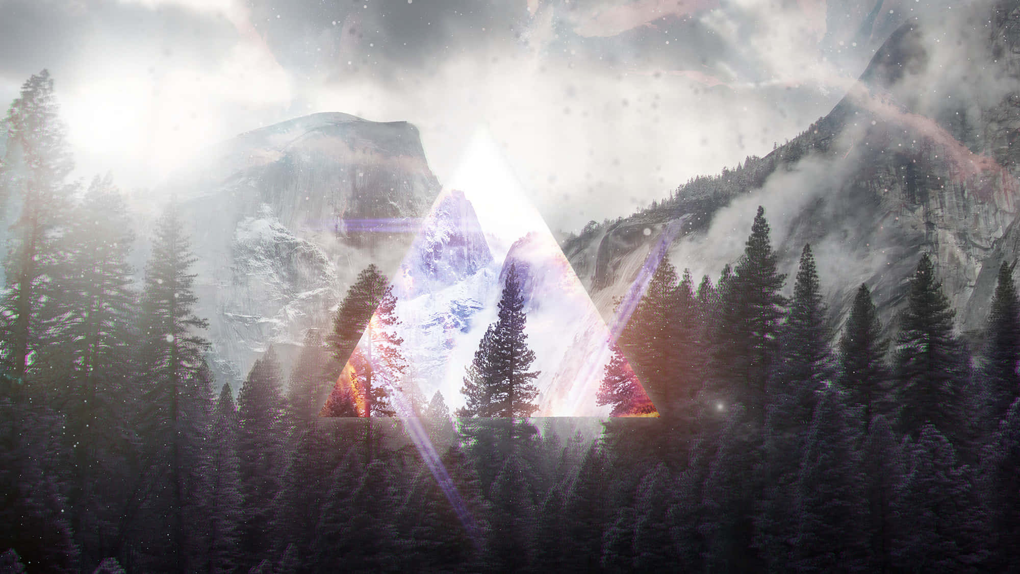 Trippy Nature, glowing triangle, snowy mountain forest, Full HD Desktop Wallpaper