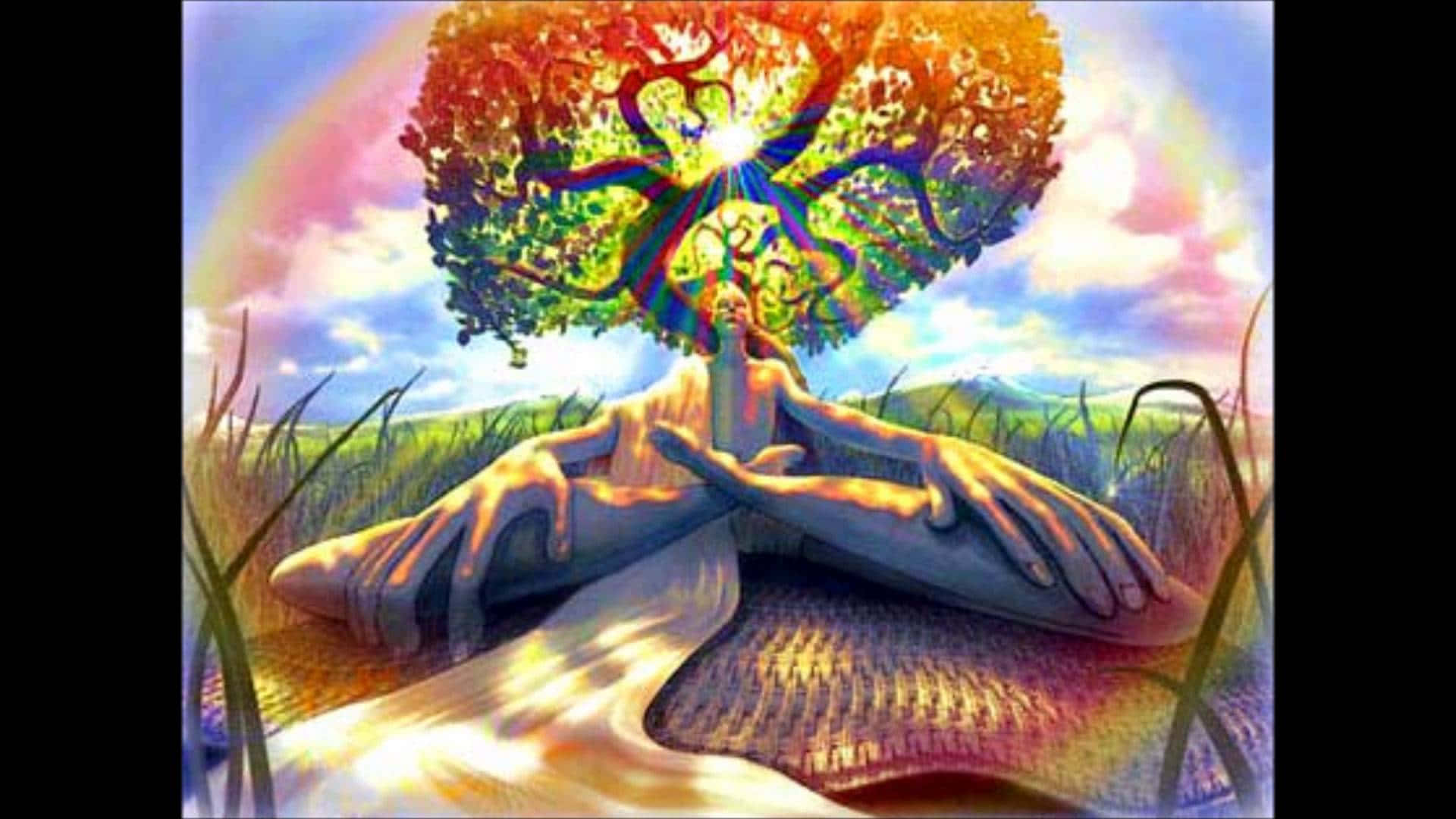 Trippy Nature, rainbow-hued tree, roots forming a heart, Full HD Desktop Wallpaper