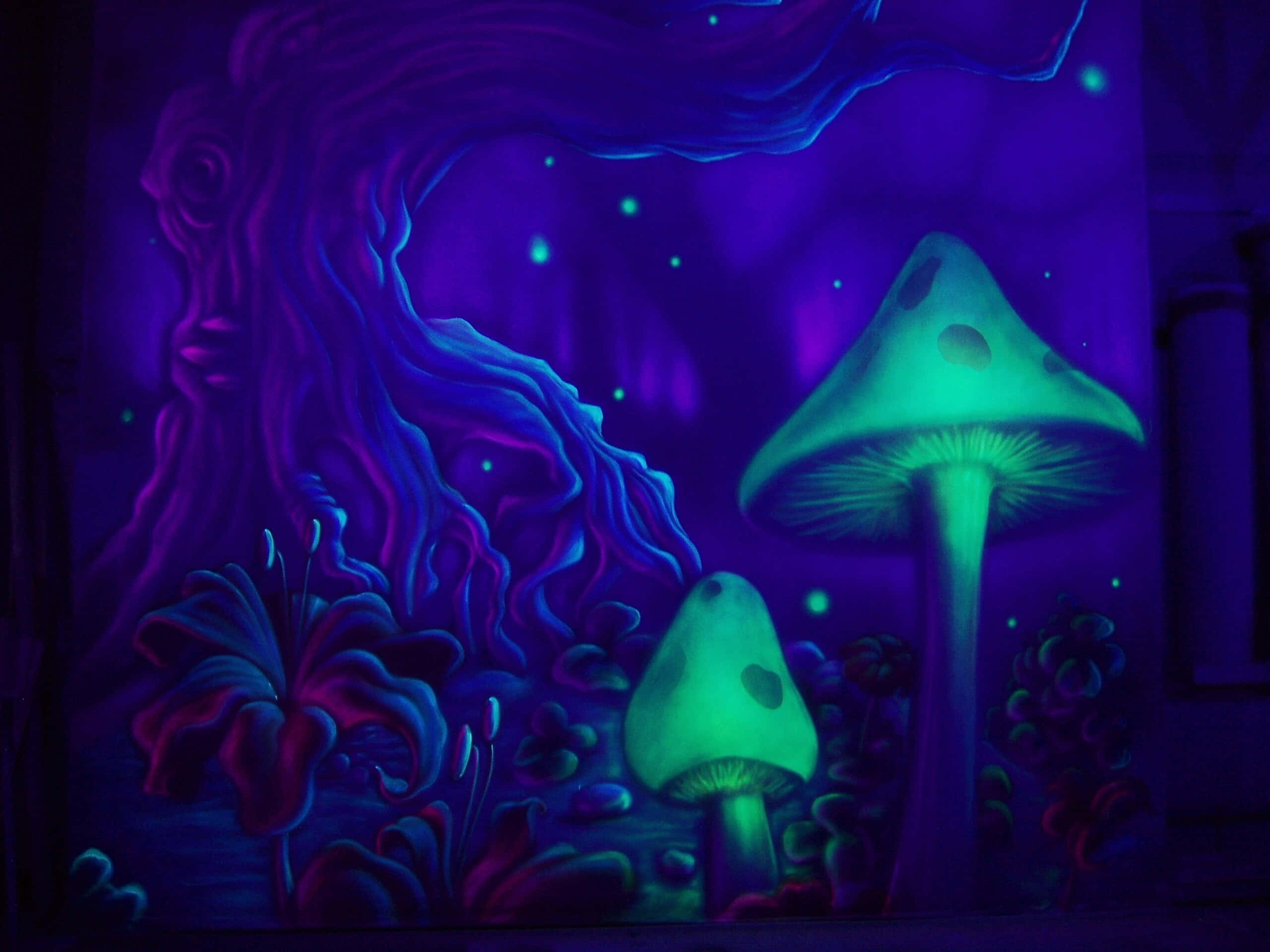 Trippy Nature, glowing green mushrooms, twisted purple trees, 2K Desktop Wallpaper