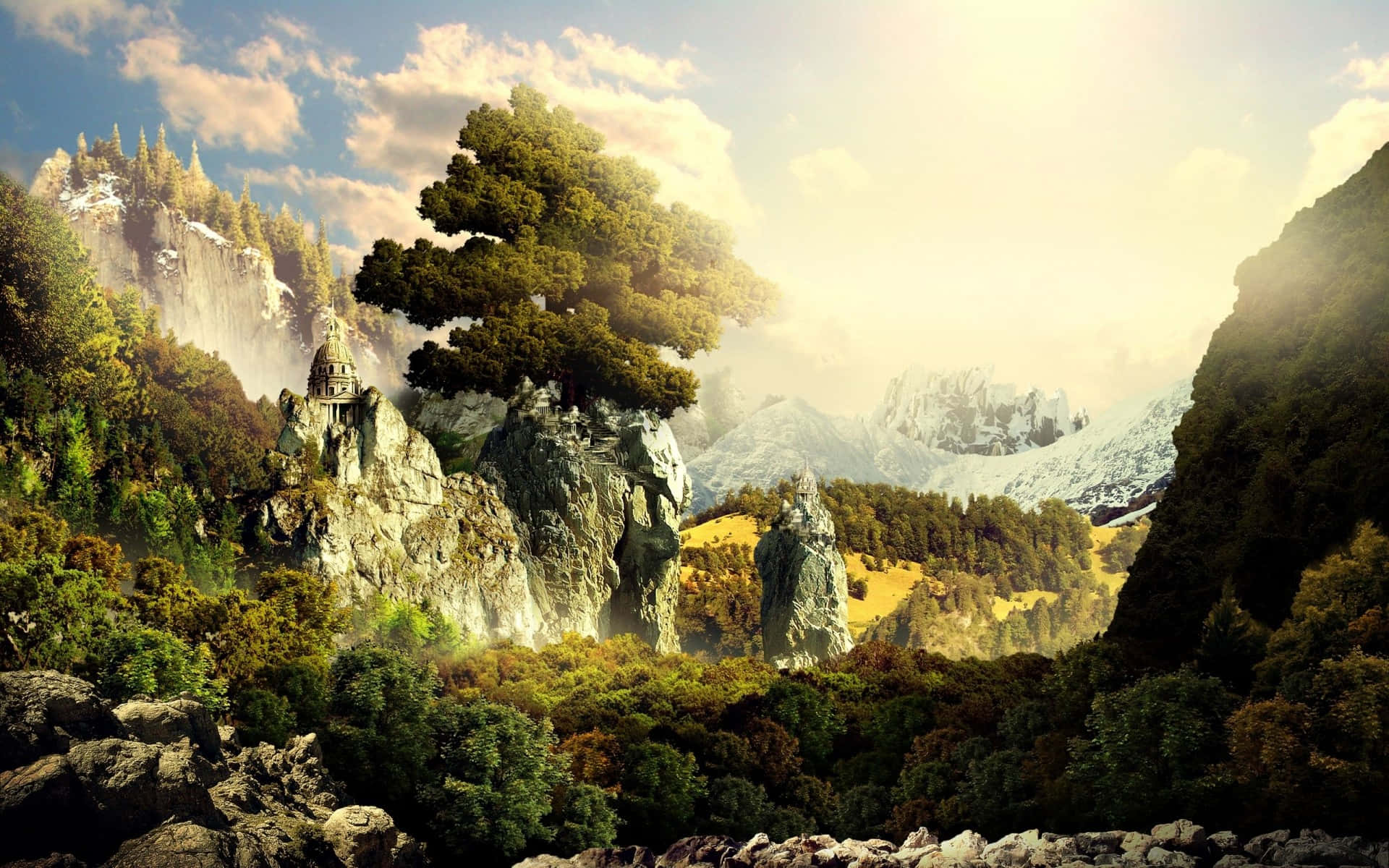 Trippy Nature, ancient tree, rocky outcrop, Full HD Desktop Wallpaper