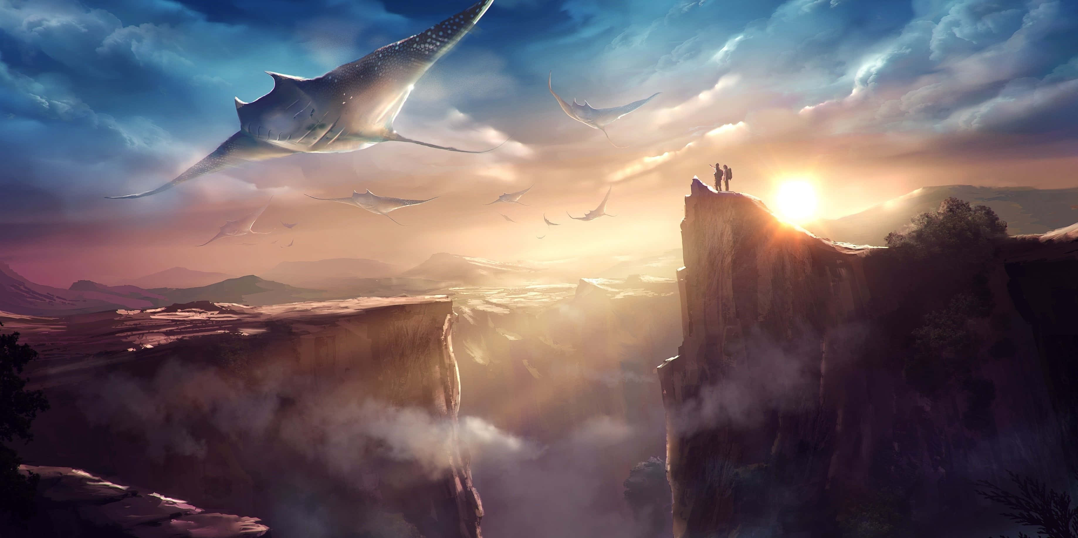 Trippy Nature, sunset, giant flying fish, 2K Desktop Wallpaper