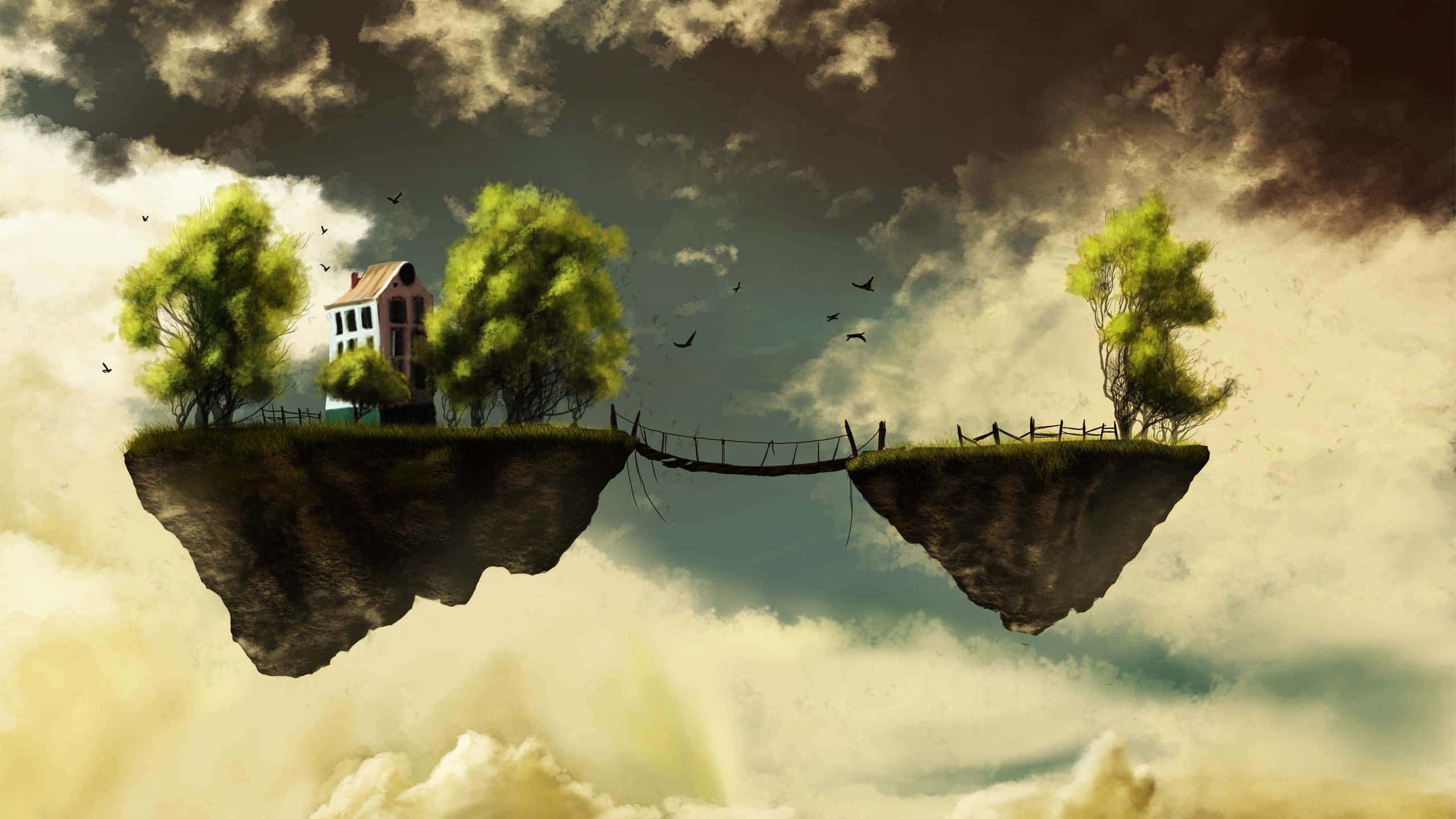 Majestic Waterfall, Mystical Forest, surreal floating island, 2K Desktop Wallpaper