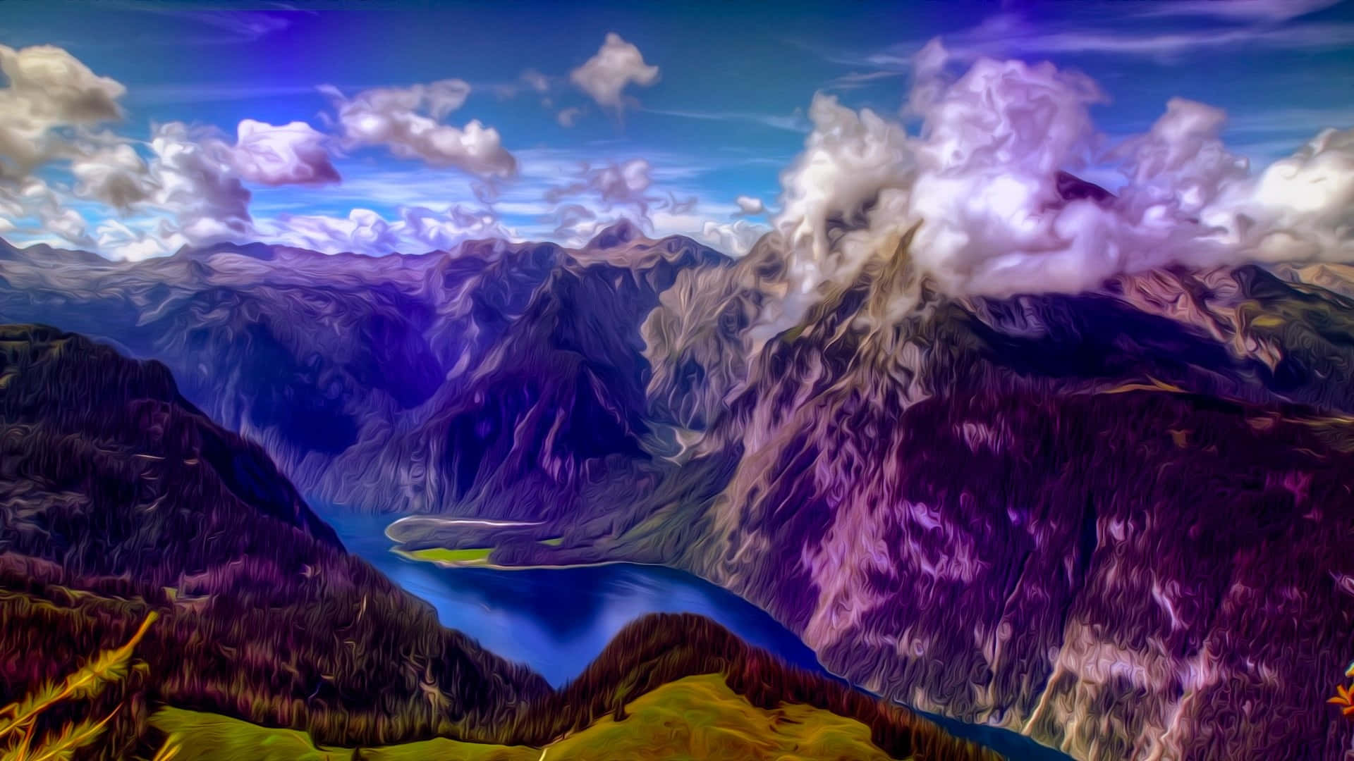 Trippy Nature, vibrant stylized mountain valley, winding blue lake, Full HD Desktop Wallpaper