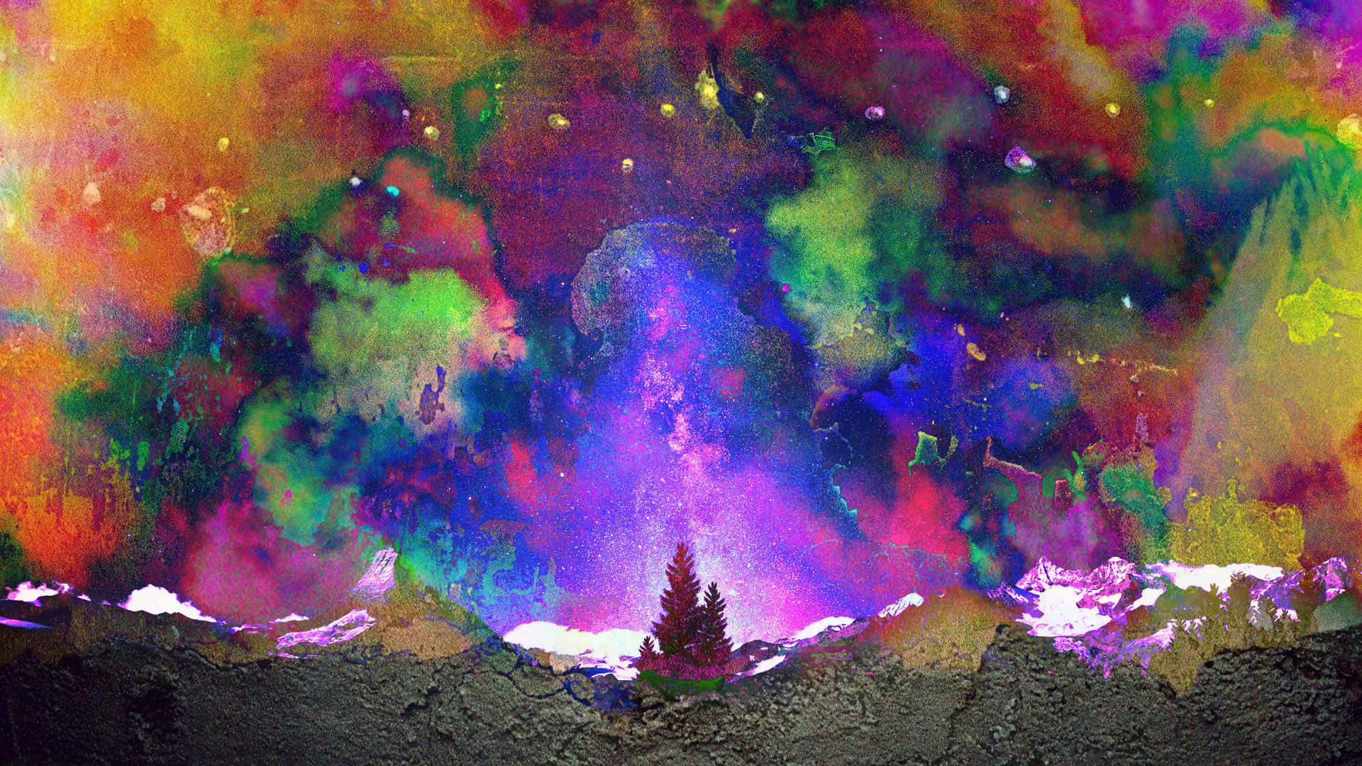 Trippy Nature, pine tree, surreal mountain range, Full HD Desktop Wallpaper