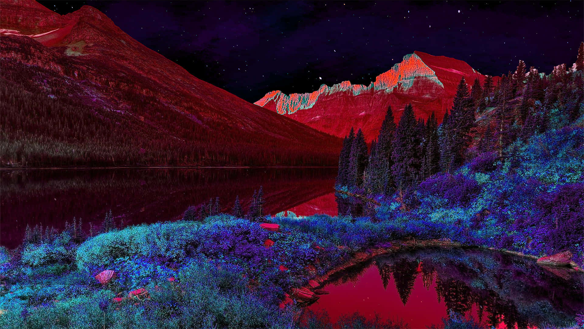 Trippy Nature, surreal night mountain lake scene, vivid red peaks, Full HD Desktop Wallpaper
