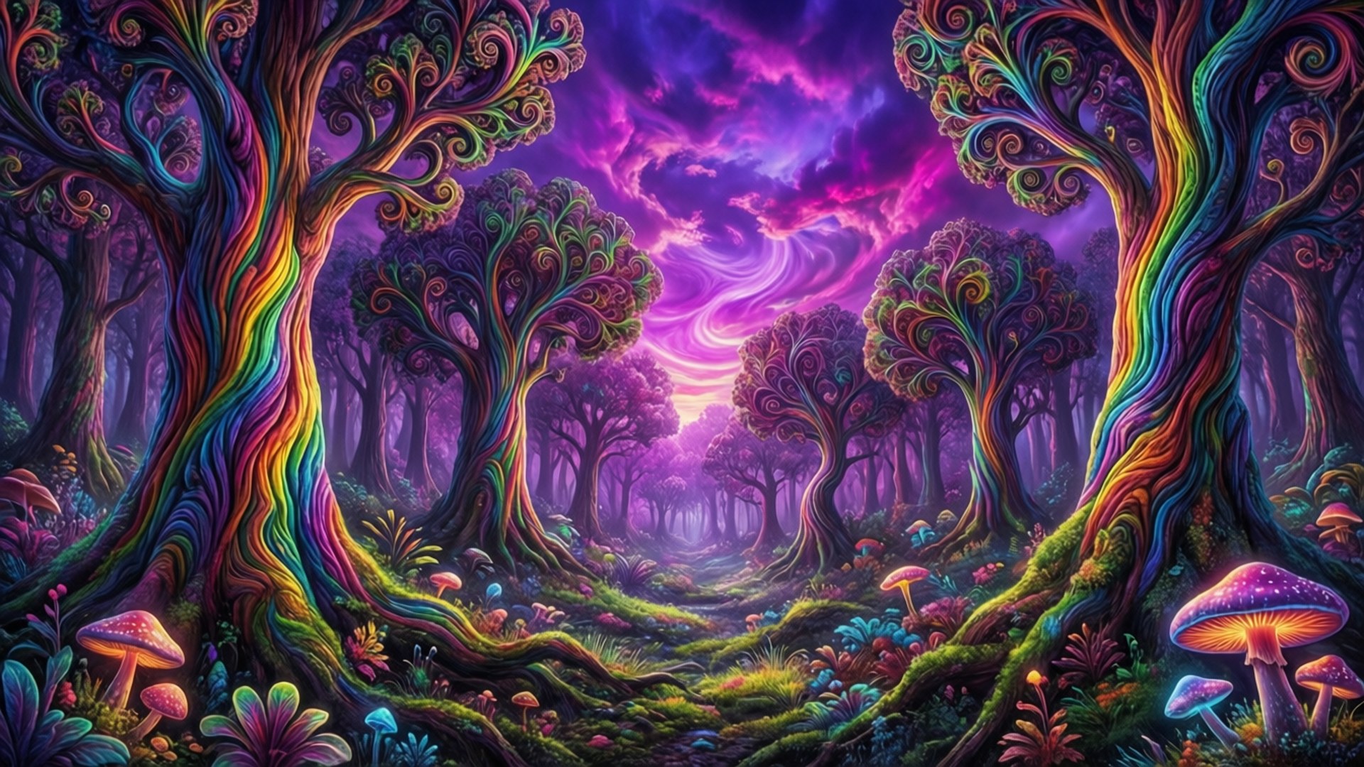 rainbow fractal forest, rainbow bark trees, fractal leaves, Full HD Desktop Wallpaper