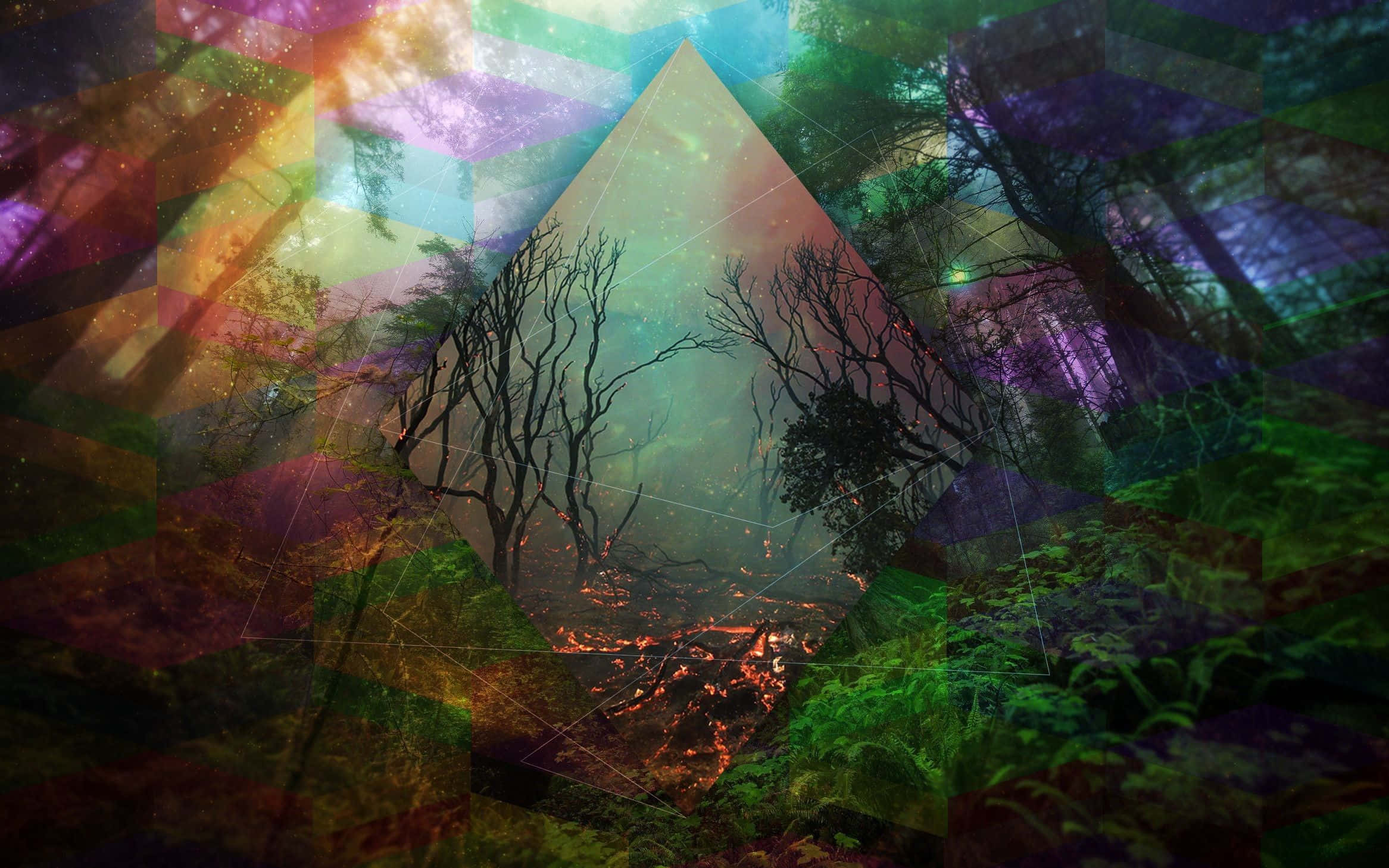 Trippy Nature, glowing lava, fractured rainbow prism sky, Full HD Desktop Wallpaper