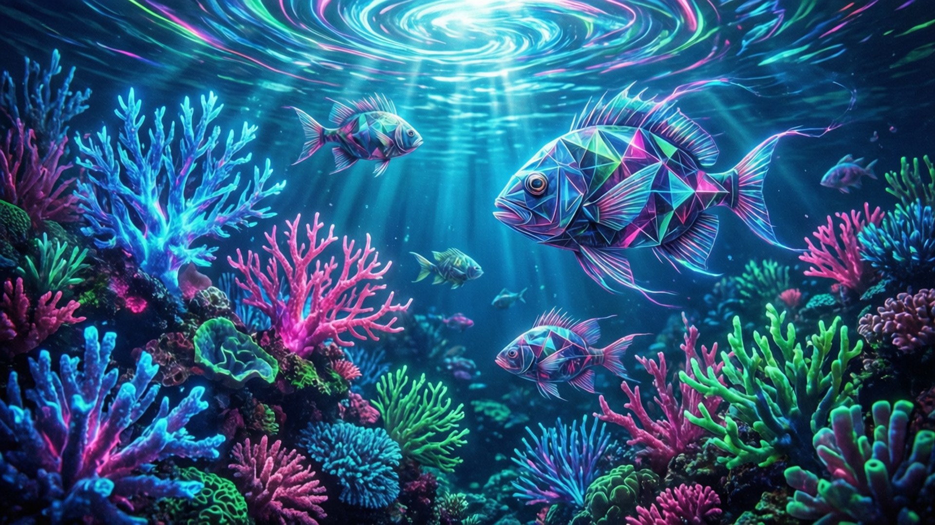 neon coral reef, geometric fish, swirling light rays, Full HD Desktop Wallpaper