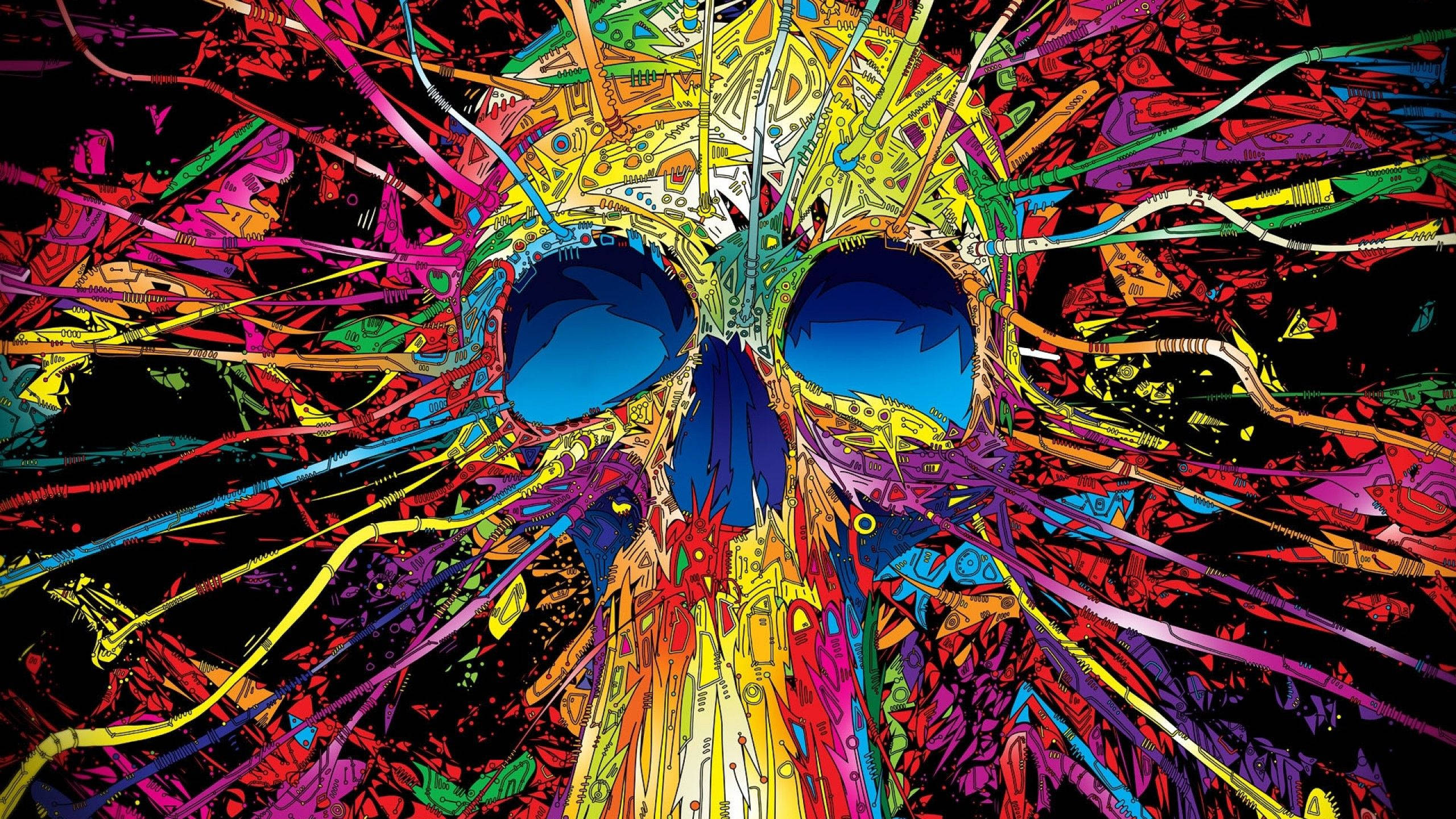 electric blue eye sockets, chaotic neon lines, black background, 2K Desktop Wallpaper
