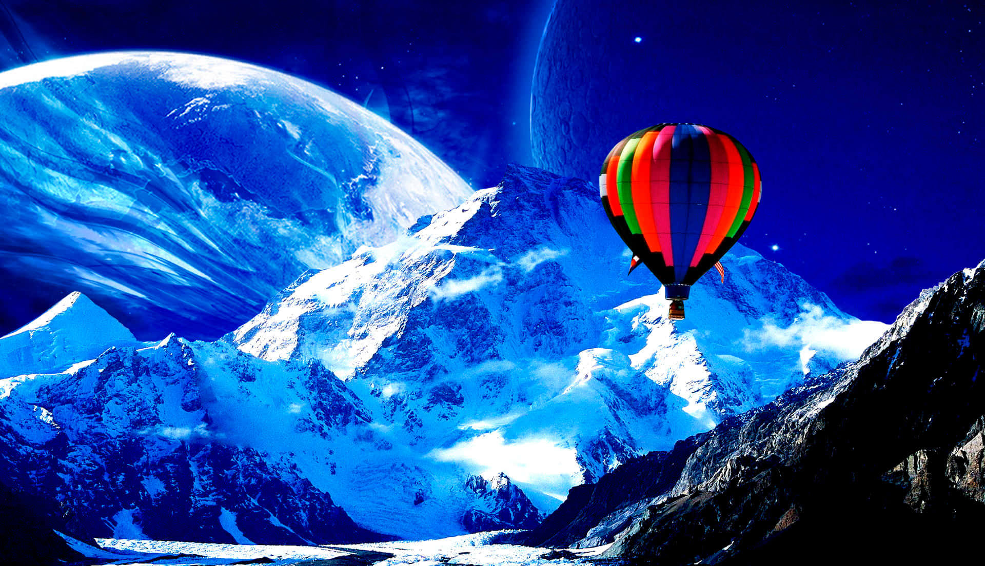 hot air balloon, snowy mountains, starry sky, Full HD Desktop Wallpaper