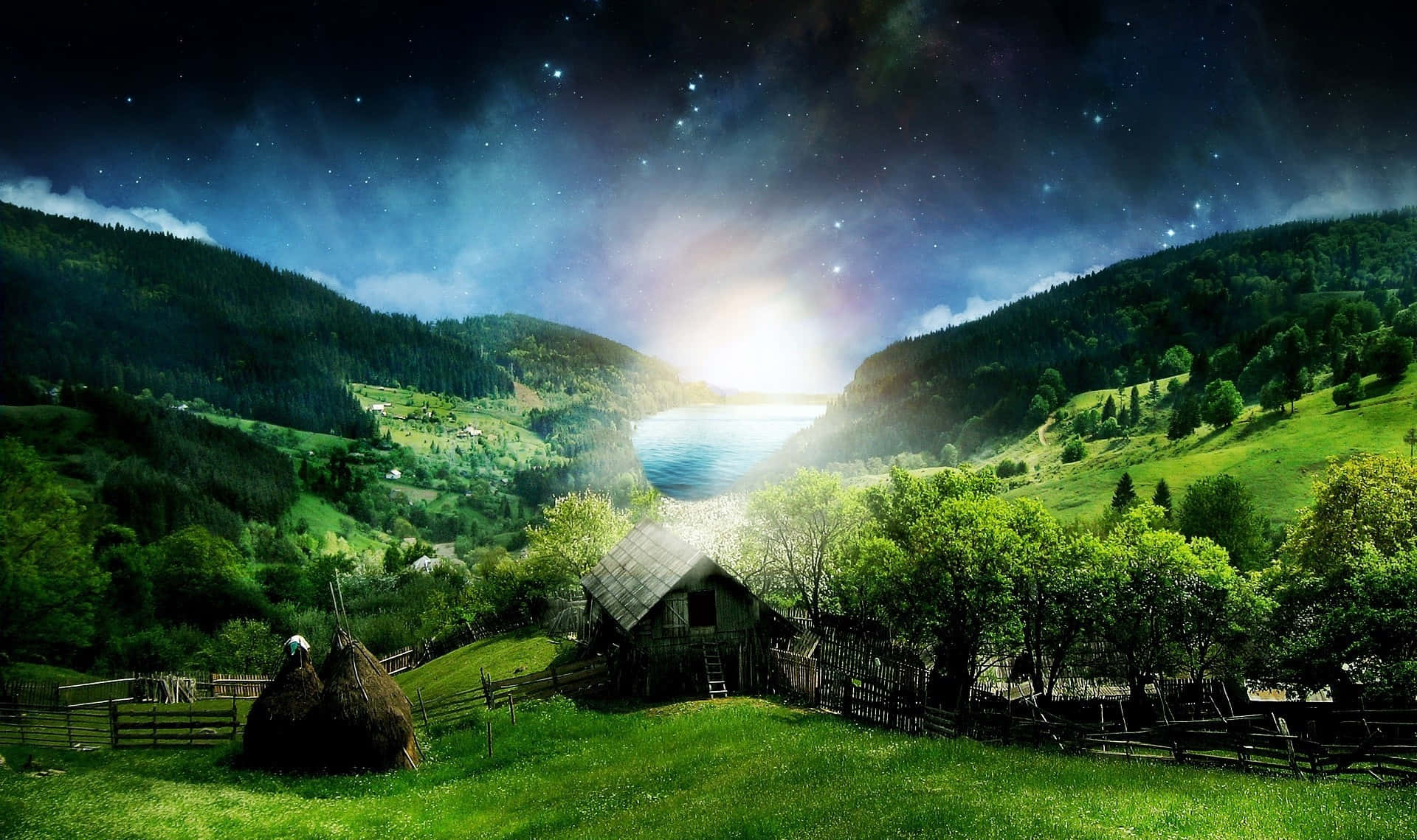 Trippy Nature, rustic wooden cabin, vibrant green valley, Full HD Desktop Wallpaper