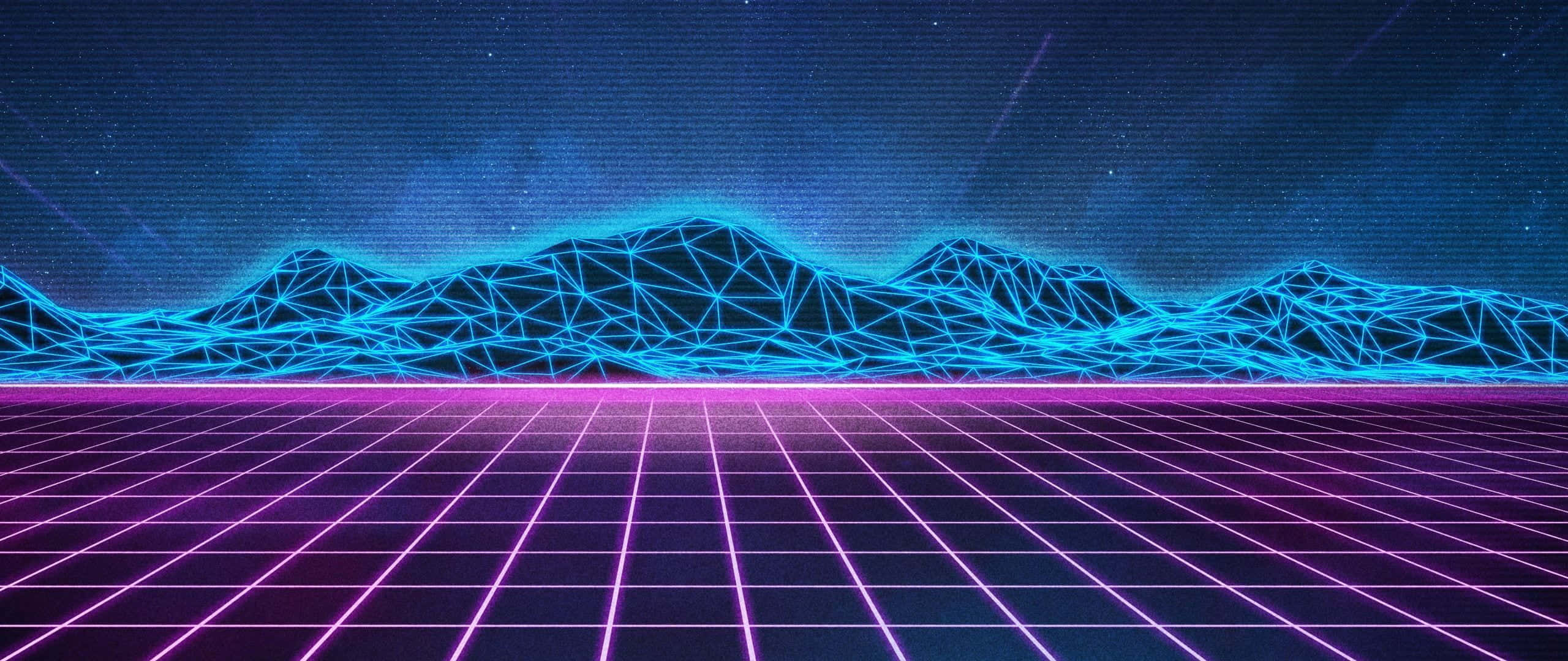 neon grid floor, glowing blue geometric mountains, starry digital night sky, 2K Desktop Wallpaper