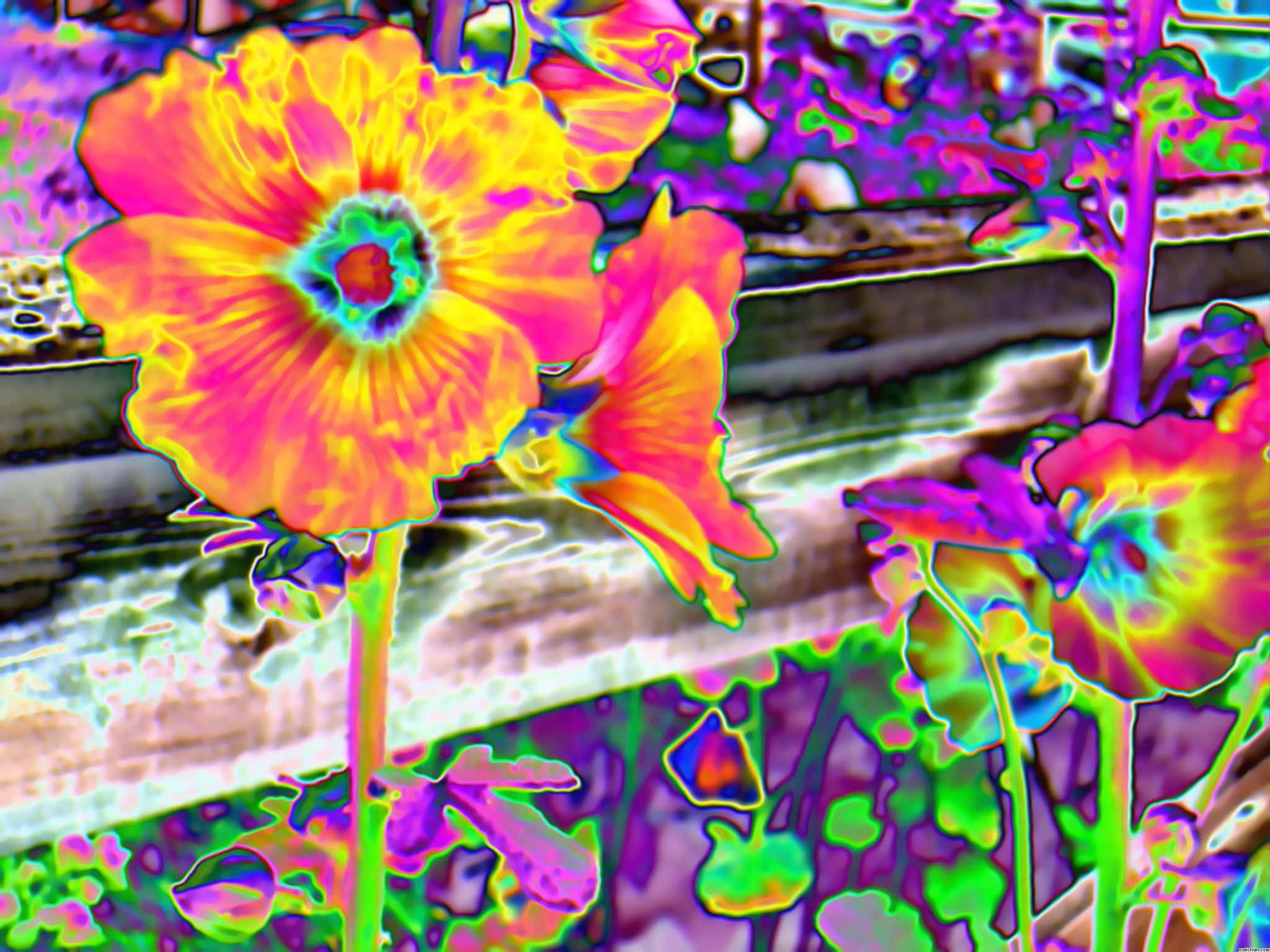 Trippy Neon Lights, neon outlines, psychedelic flowers, Full HD Desktop Wallpaper