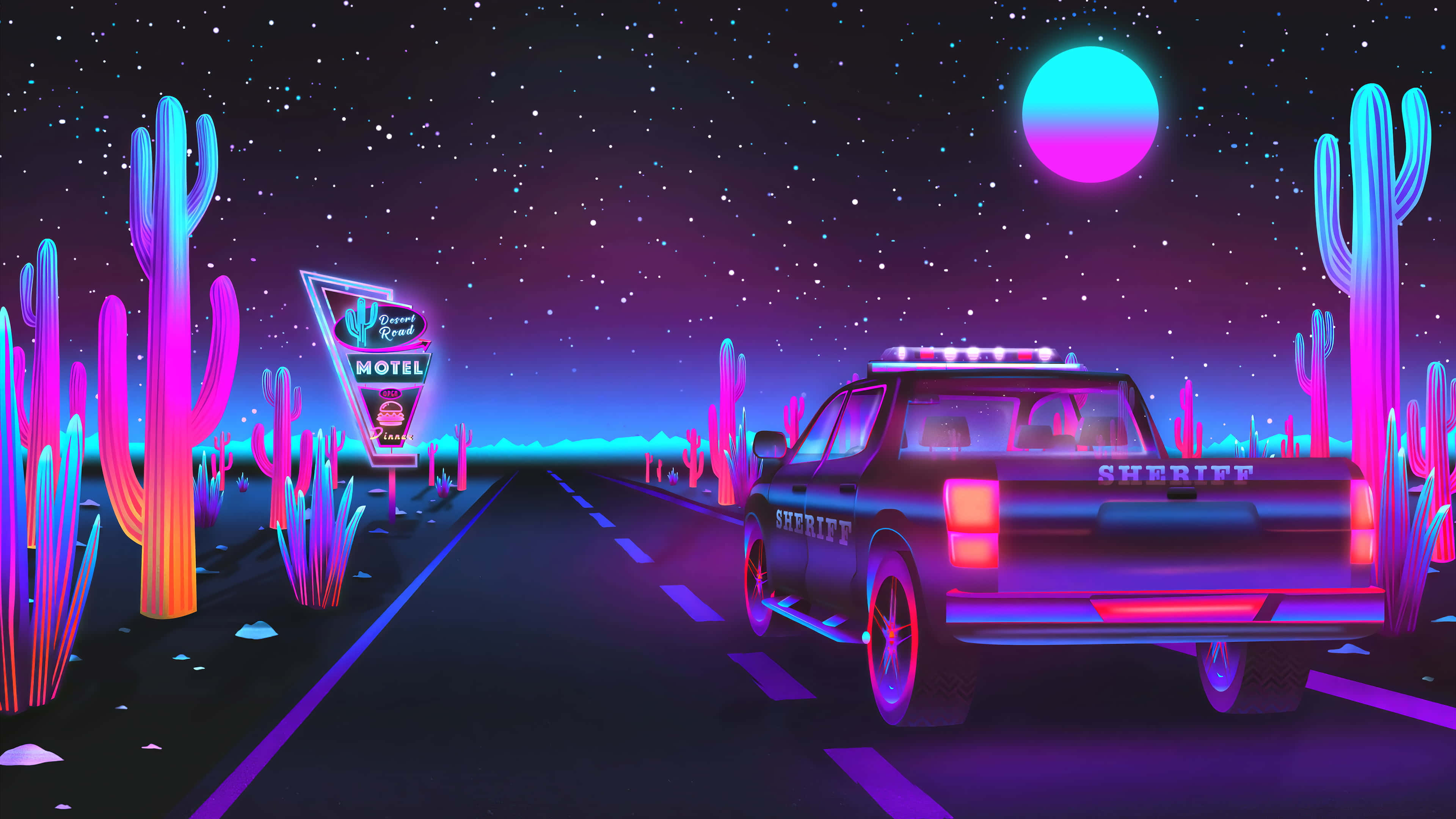 neon-lit sheriff's truck, desert highway, glowing pink moon, 4K Desktop Wallpaper