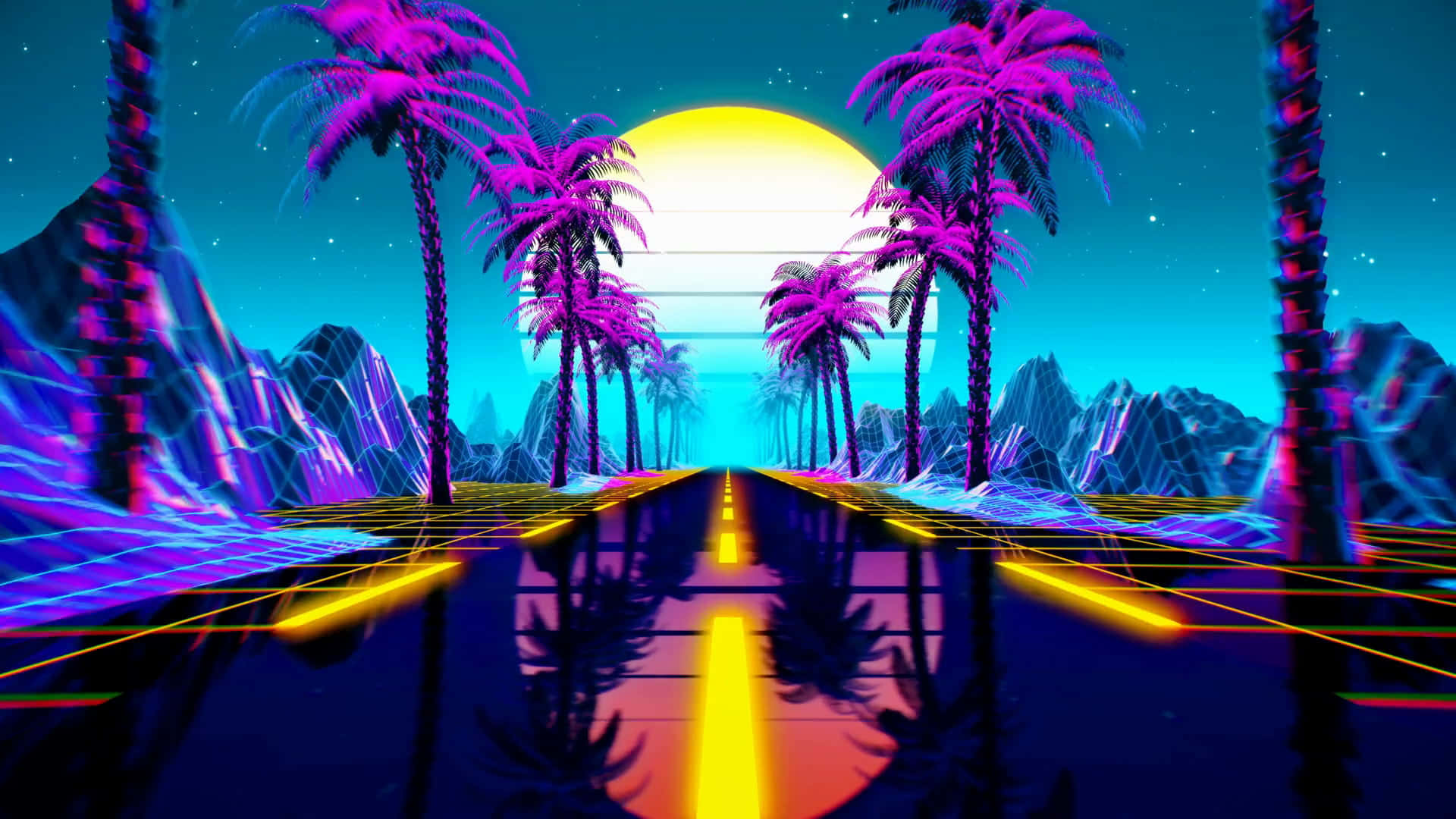 Trippy Neon Lights, neon-drenched retrofuturistic highway, glowing purple palm trees, Full HD Desktop Wallpaper