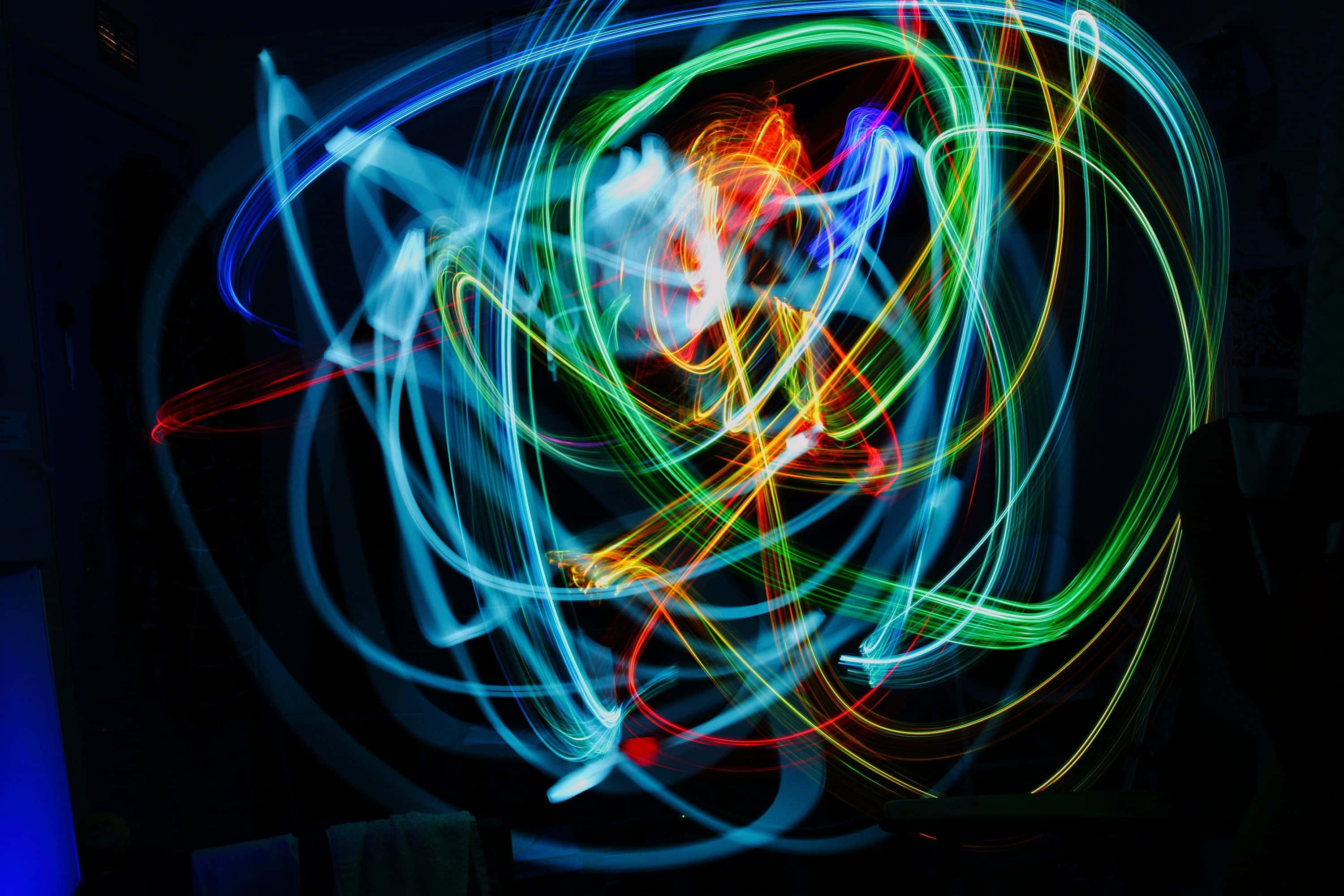 Trippy Neon Lights, neon light trails, pitch black background, 2K Desktop Wallpaper