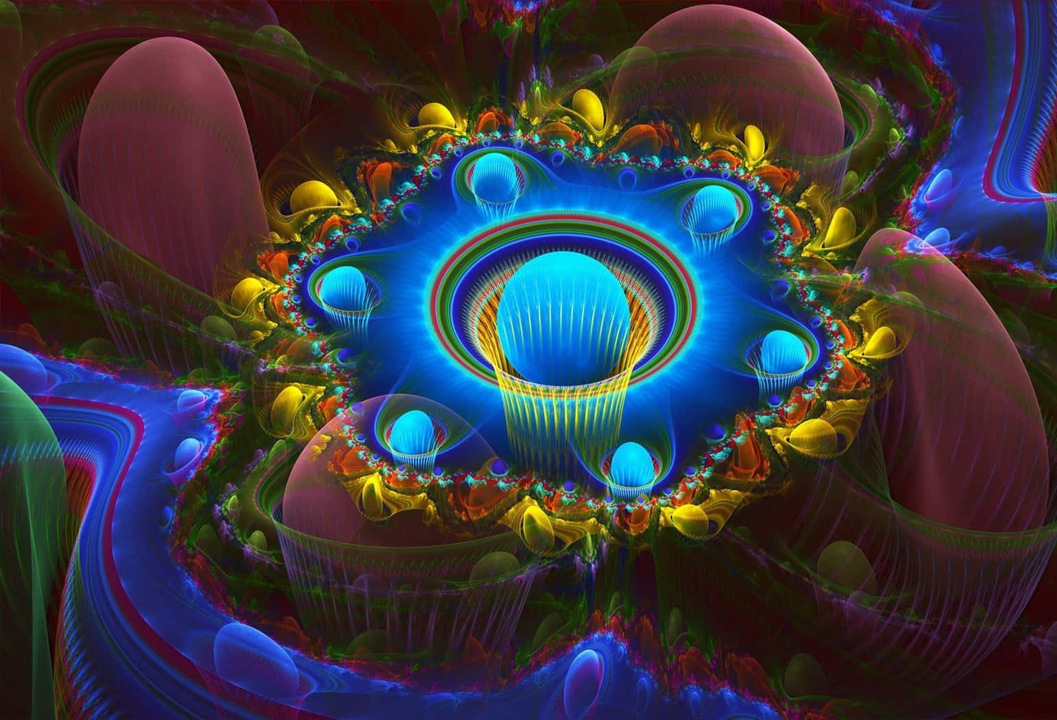 Trippy Neon Lights, glowing blue spheres, swirling magenta and gold organic forms, HD Desktop Wallpaper