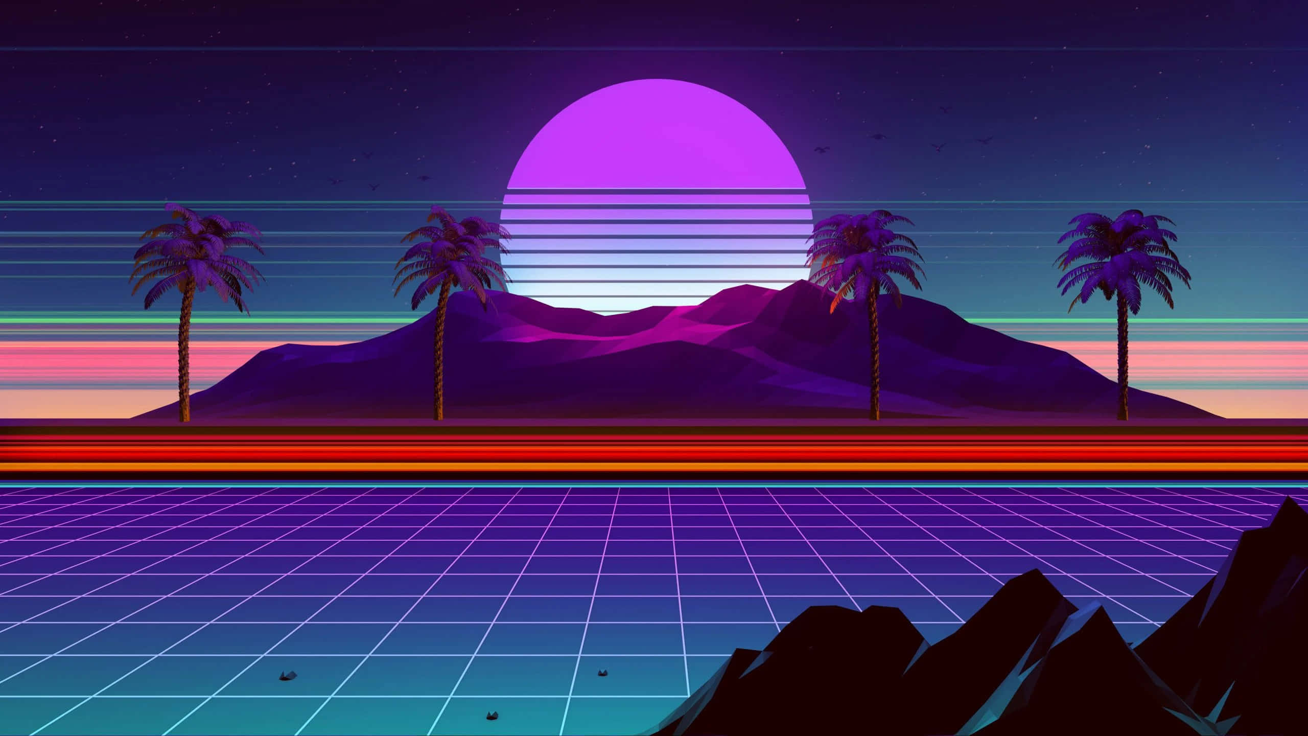 Trippy Neon Lights, retrofuturistic desert scene, palm trees, 2K Desktop Wallpaper