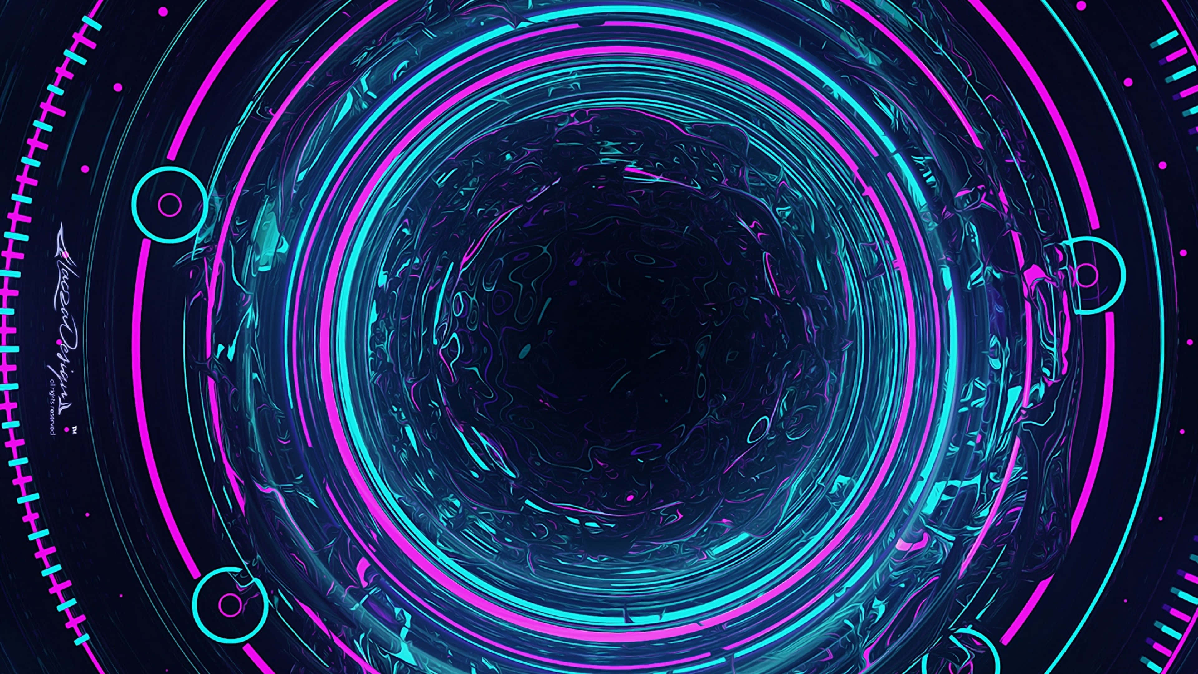 neon light tunnel, blue and purple lights, glowing cyan and magenta neon rings, 4K Desktop Wallpaper