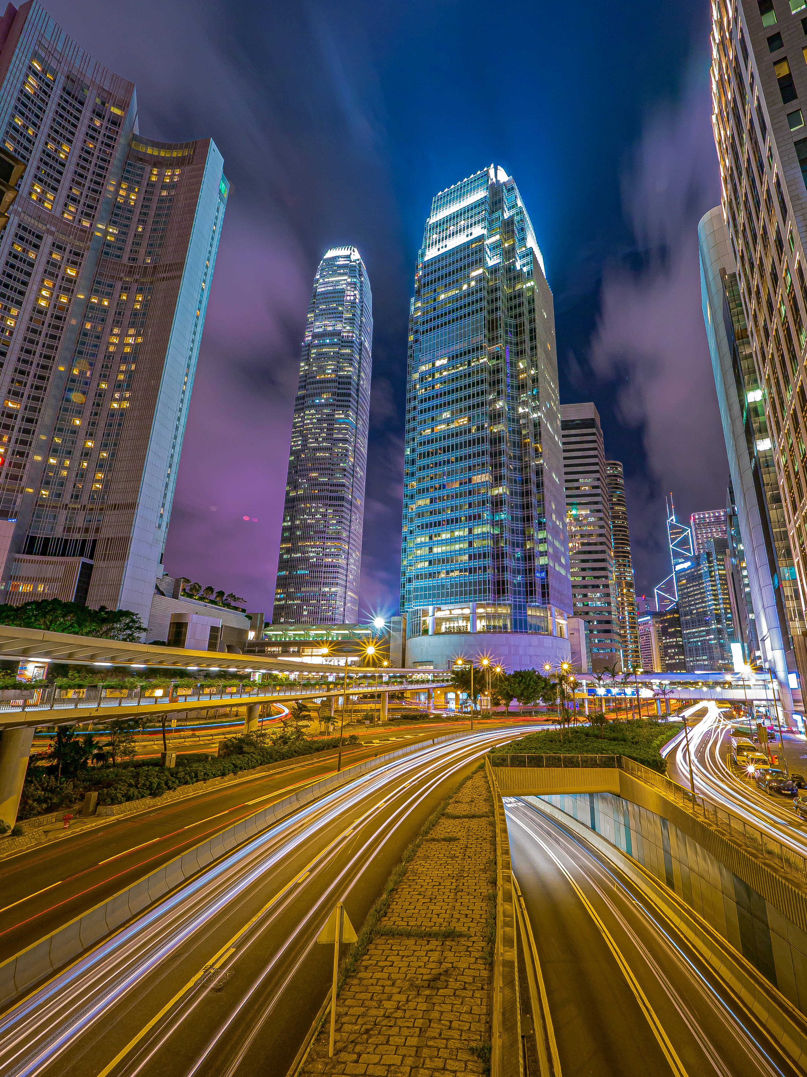 Neon City Roads Lights, night cityscape, towering skyscrapers, 4K Phone Wallpaper