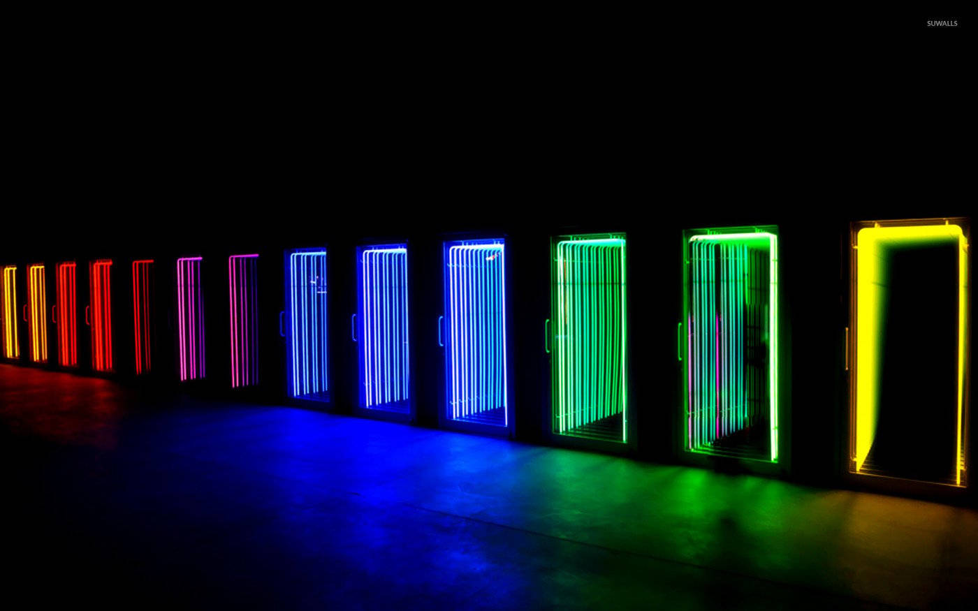 neon light doors, vibrant colors, dark room, HD Desktop Wallpaper